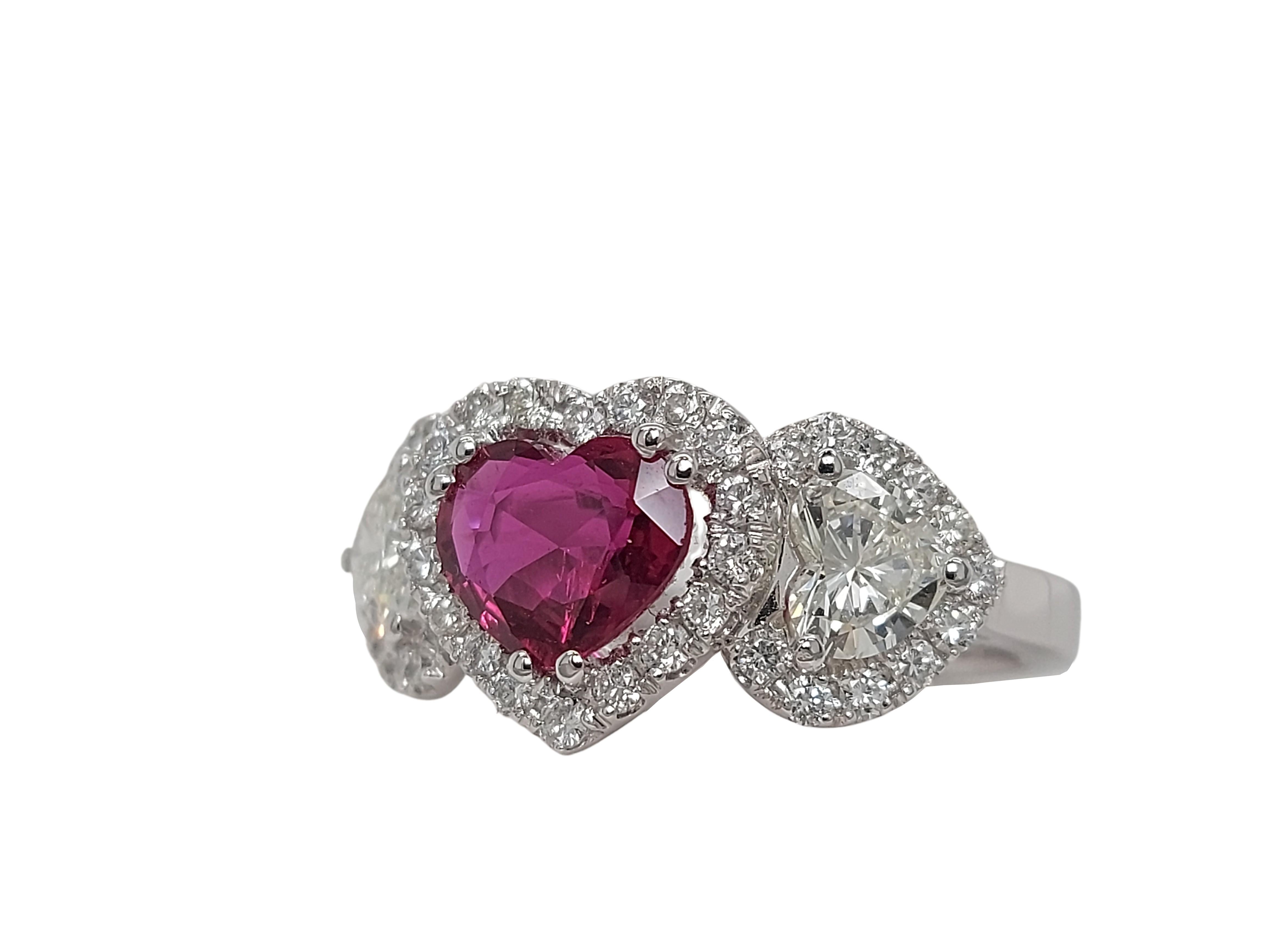 Heart Cut 18kt White Gold Ring with Heart Shaped Ruby and Diamonds , CGL Certified For Sale