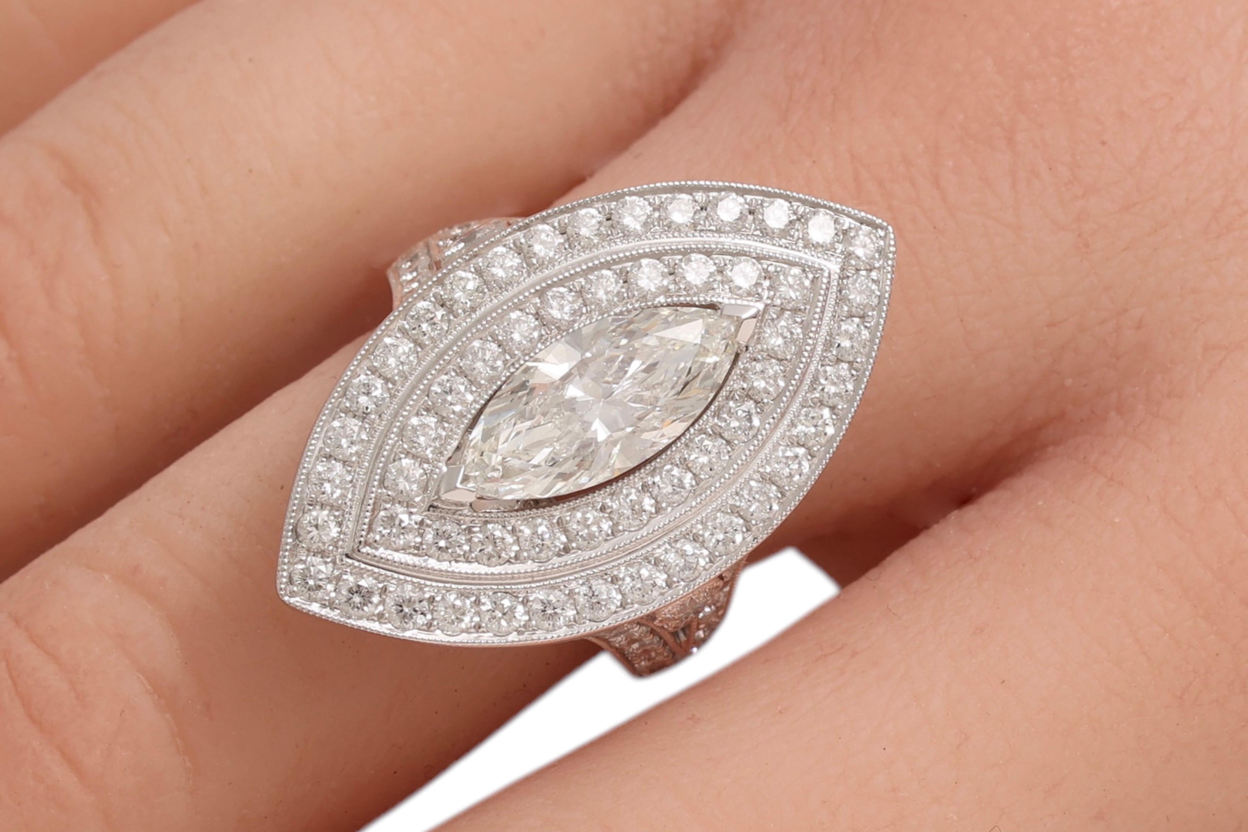 18kt White Gold Ring With Large 1.78 Carat Marquise Diamond & Brilliant Diamonds For Sale 6