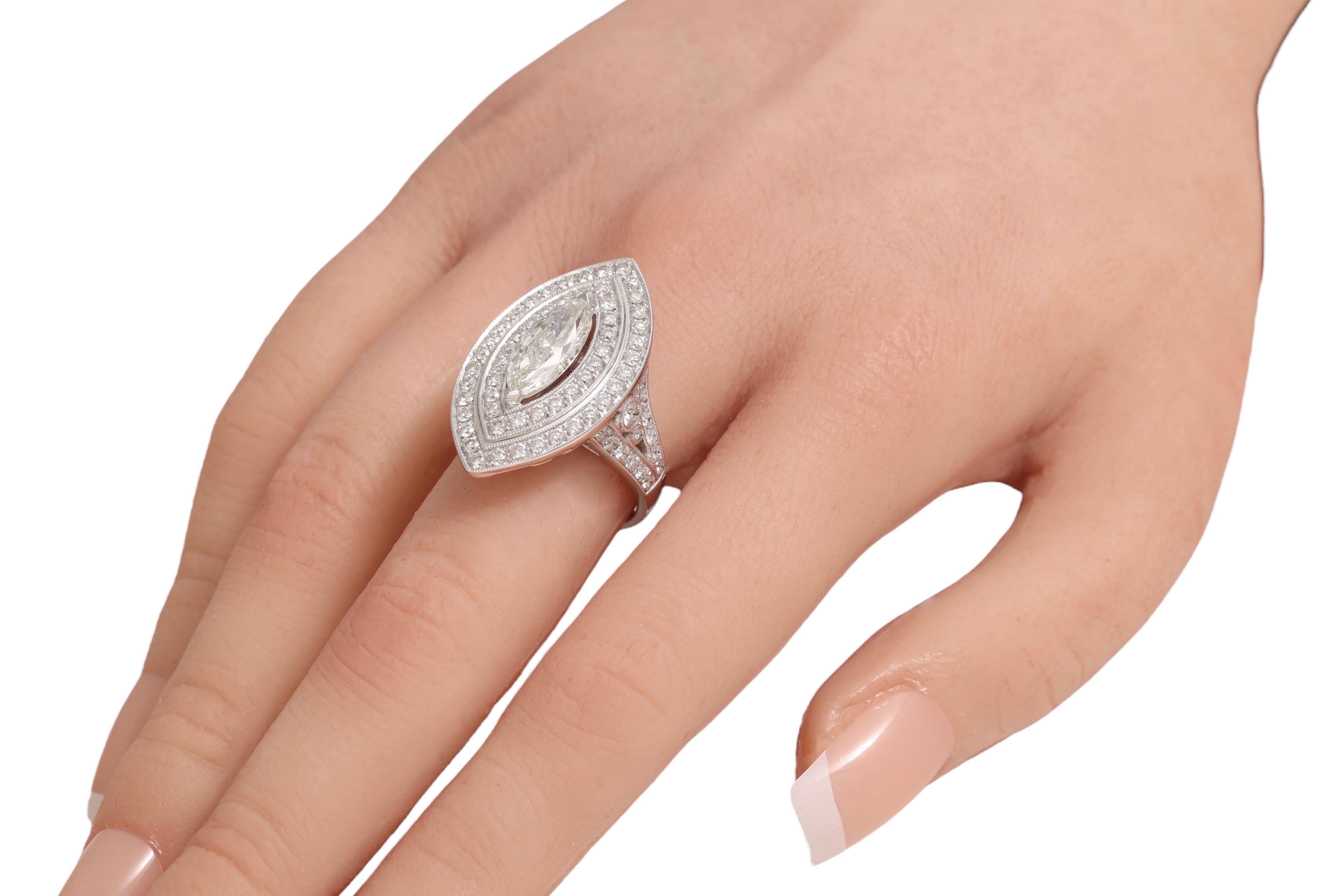 18kt White Gold Ring With Large 1.78 Carat Marquise Diamond & Brilliant Diamonds For Sale 7