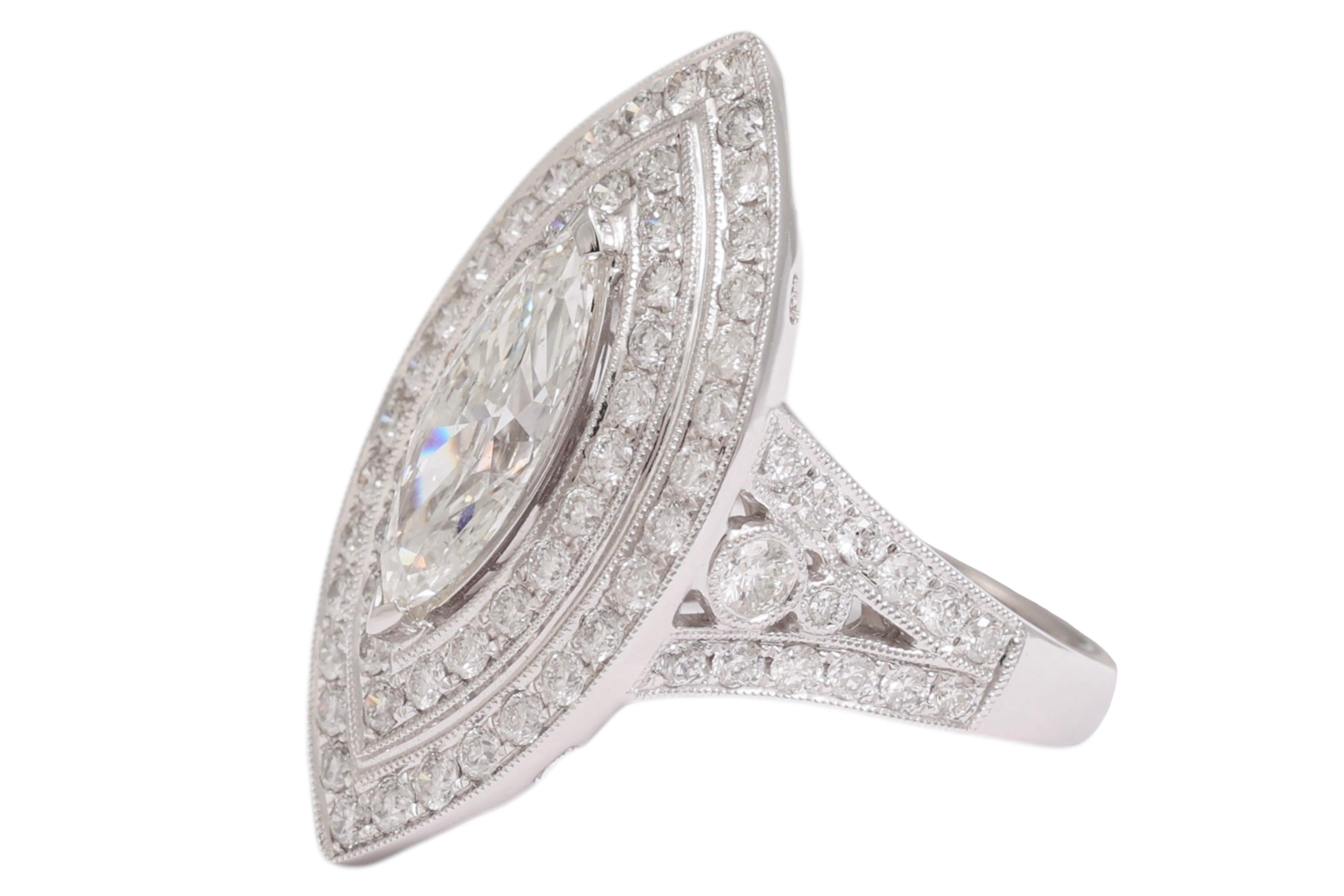 Artist 18kt White Gold Ring With Large 1.78 Carat Marquise Diamond & Brilliant Diamonds For Sale