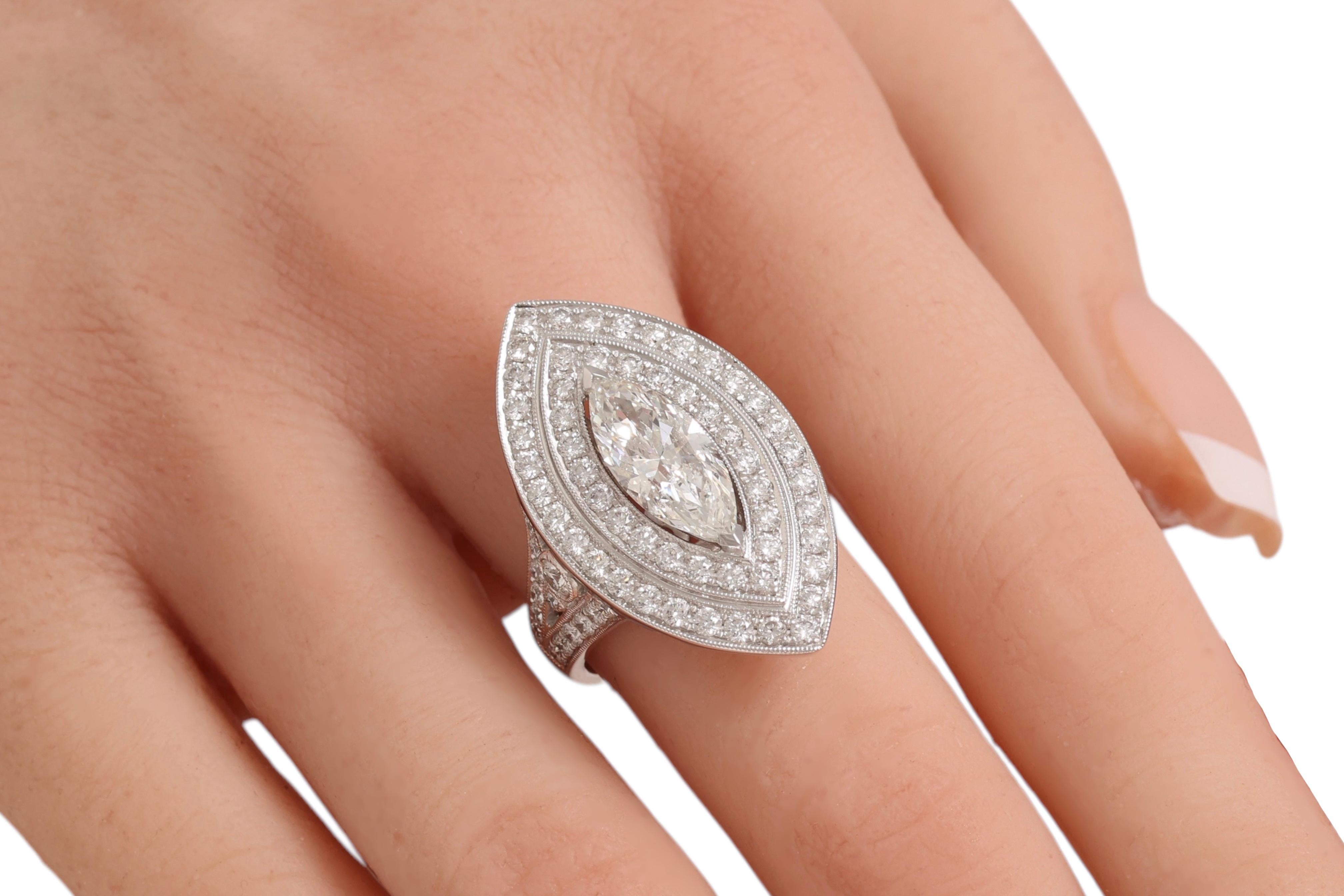 18kt White Gold Ring With Large 1.78 Carat Marquise Diamond & Brilliant Diamonds For Sale 9