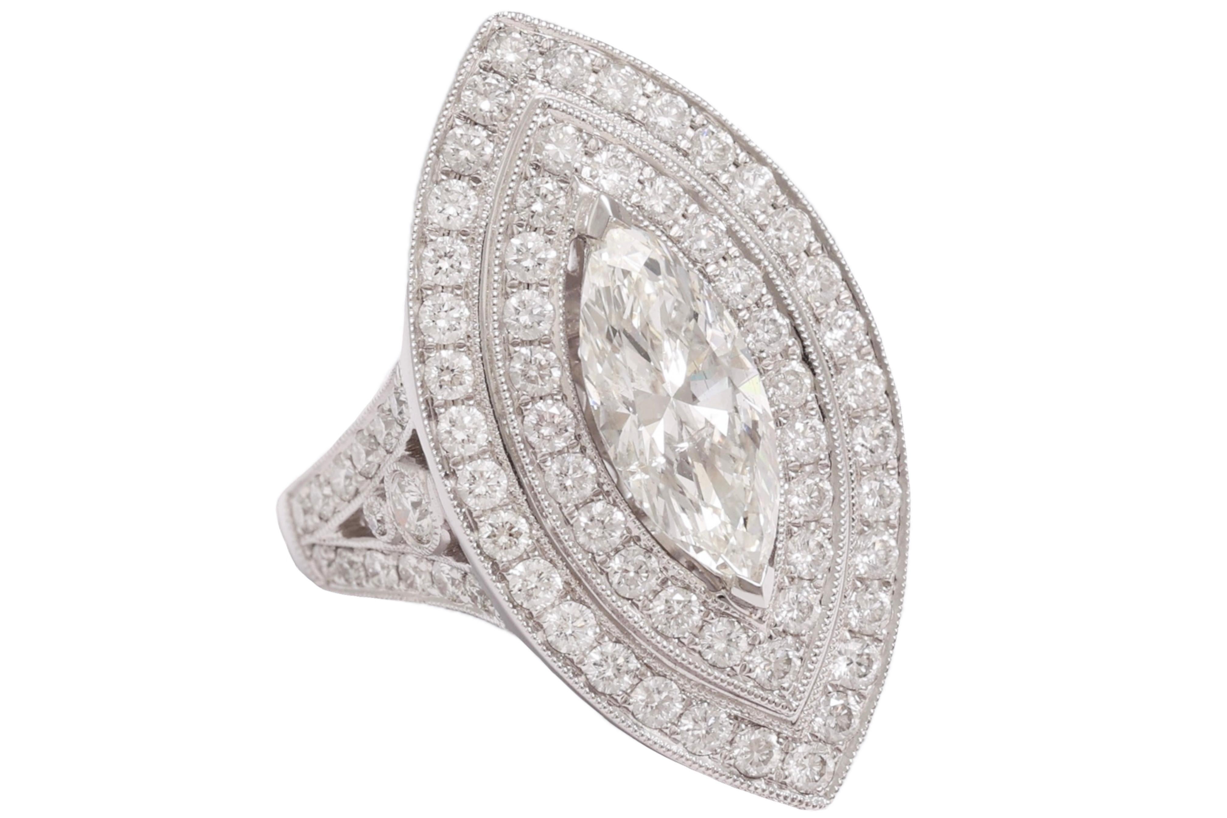 18kt White Gold Ring With Large 1.78 Carat Marquise Diamond & Brilliant Diamonds For Sale 1