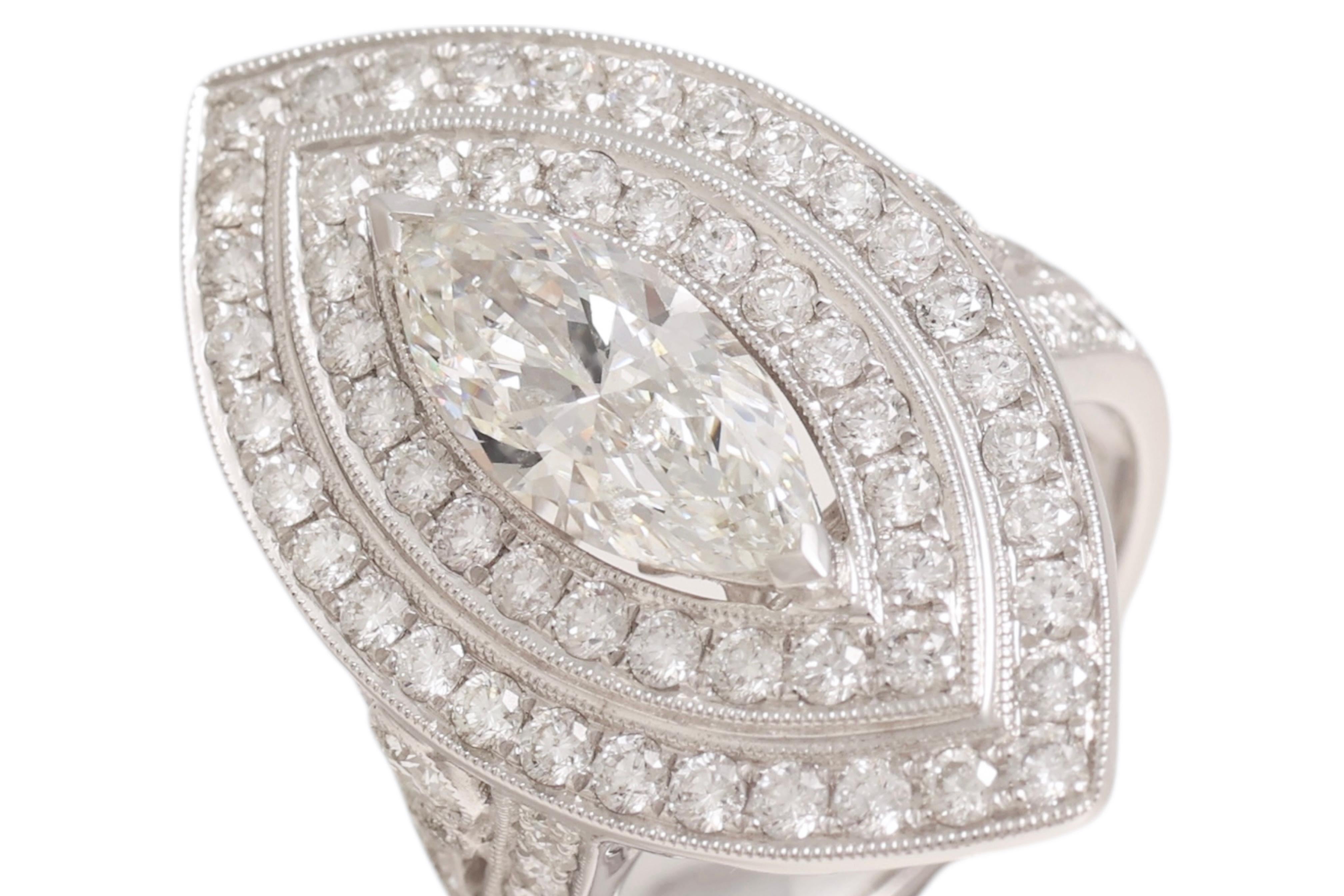 Women's or Men's 18kt White Gold Ring With Large 1.78 Carat Marquise Diamond & Brilliant Diamonds For Sale