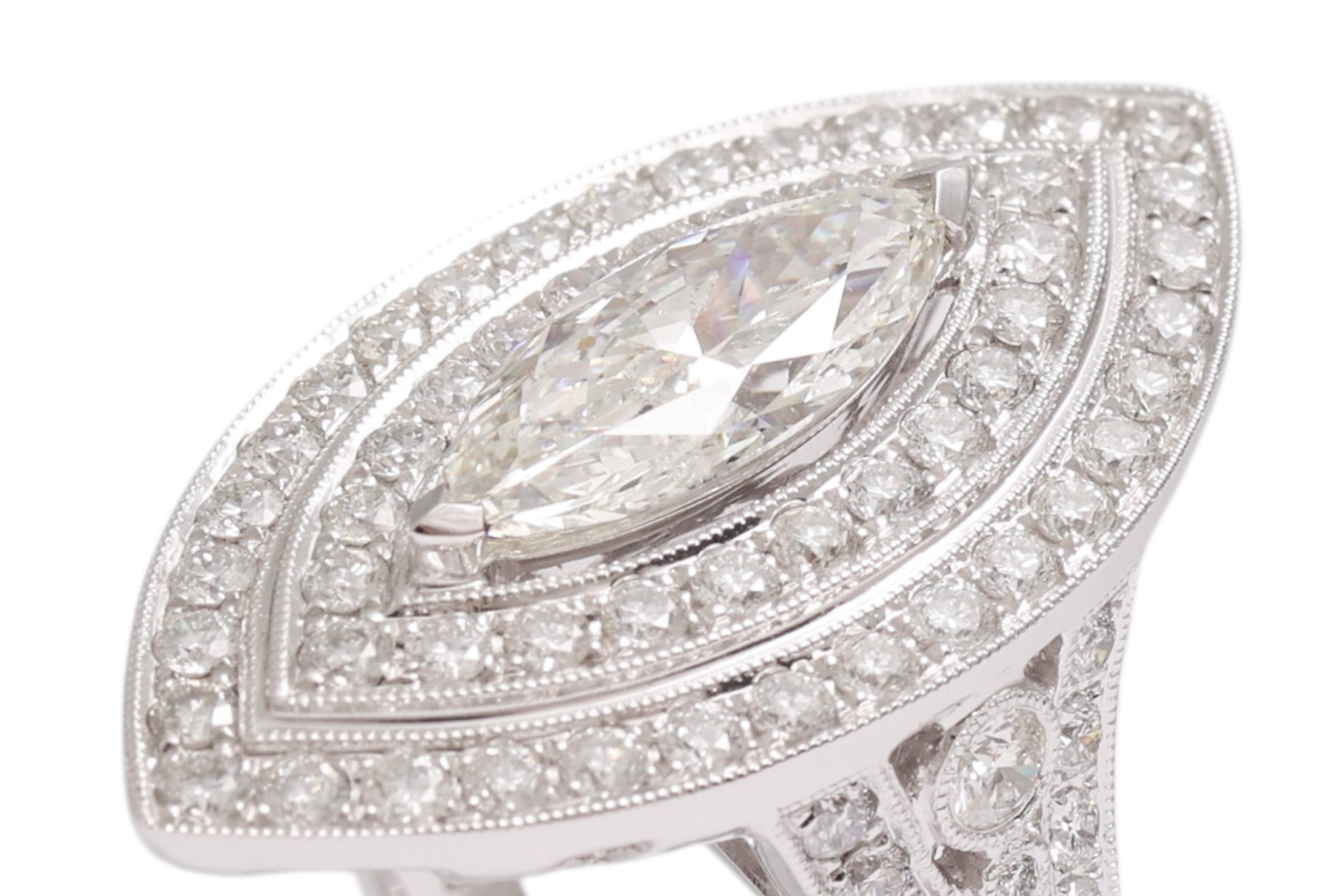 Marquise Cut 18kt White Gold Ring With Large 1.78 Carat Marquise Diamond & Brilliant Diamonds For Sale