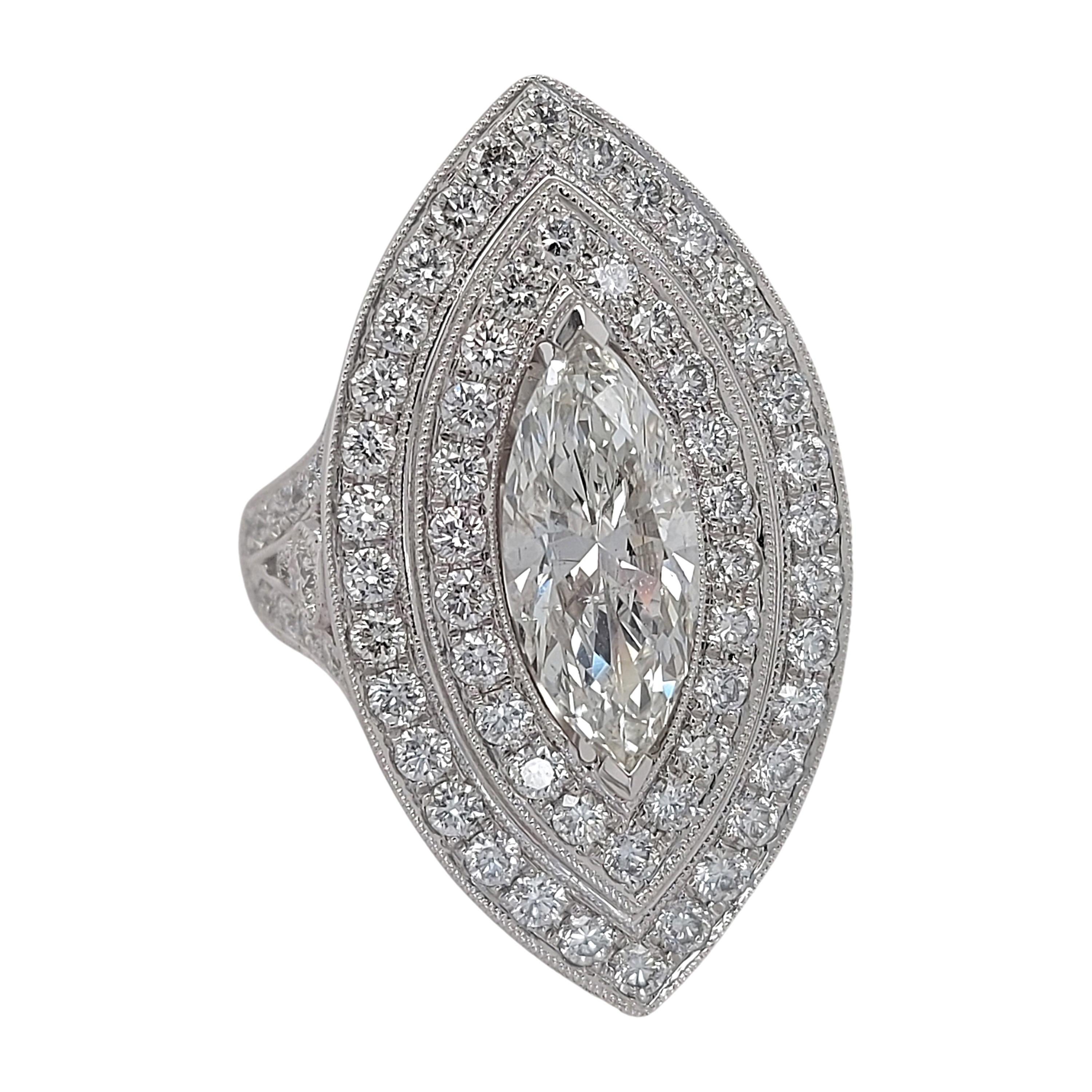 18kt White Gold Ring With Large 1.78 Carat Marquise Diamond & Brilliant Diamonds