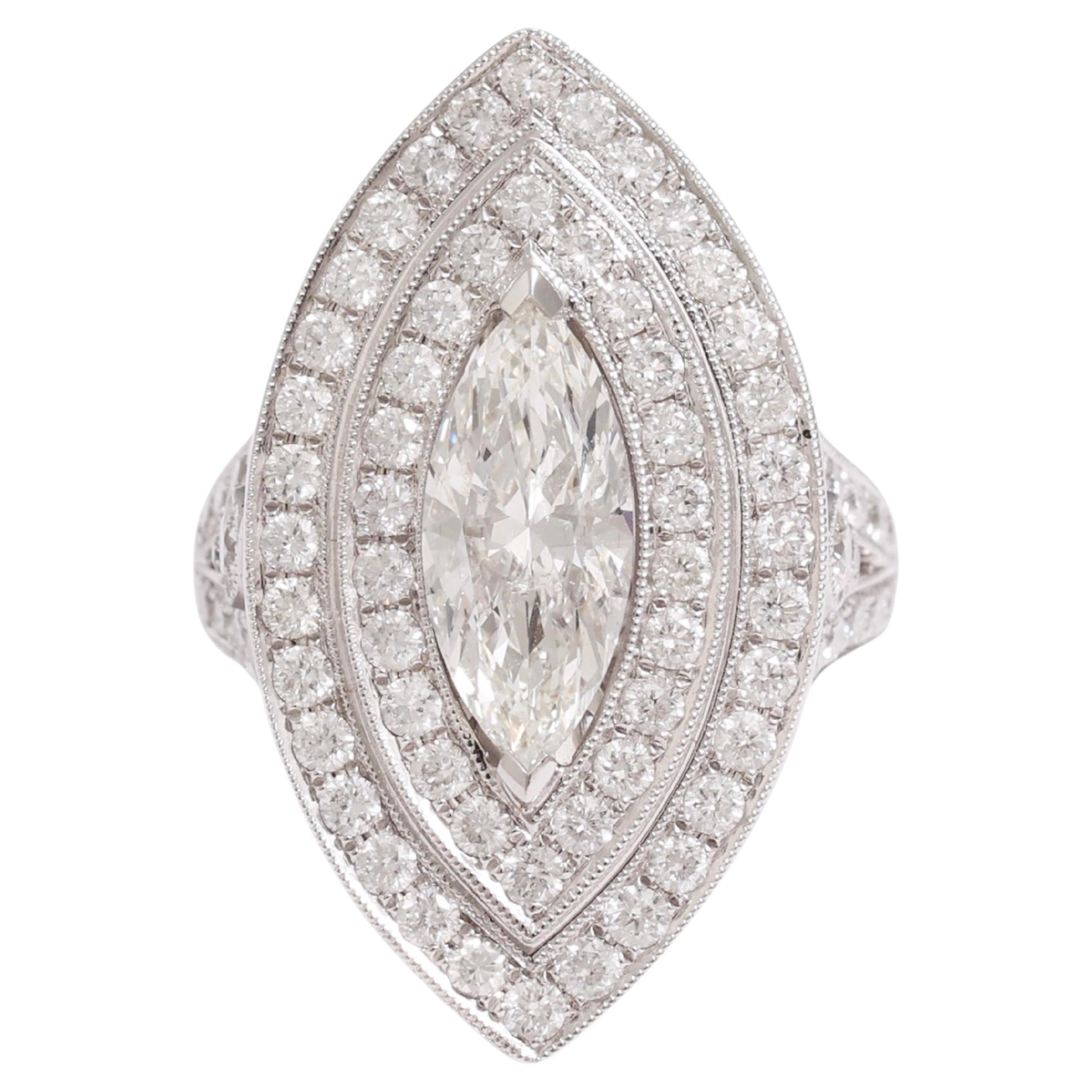 18kt White Gold Ring With Large 1.78 Carat Marquise Diamond & Brilliant Diamonds