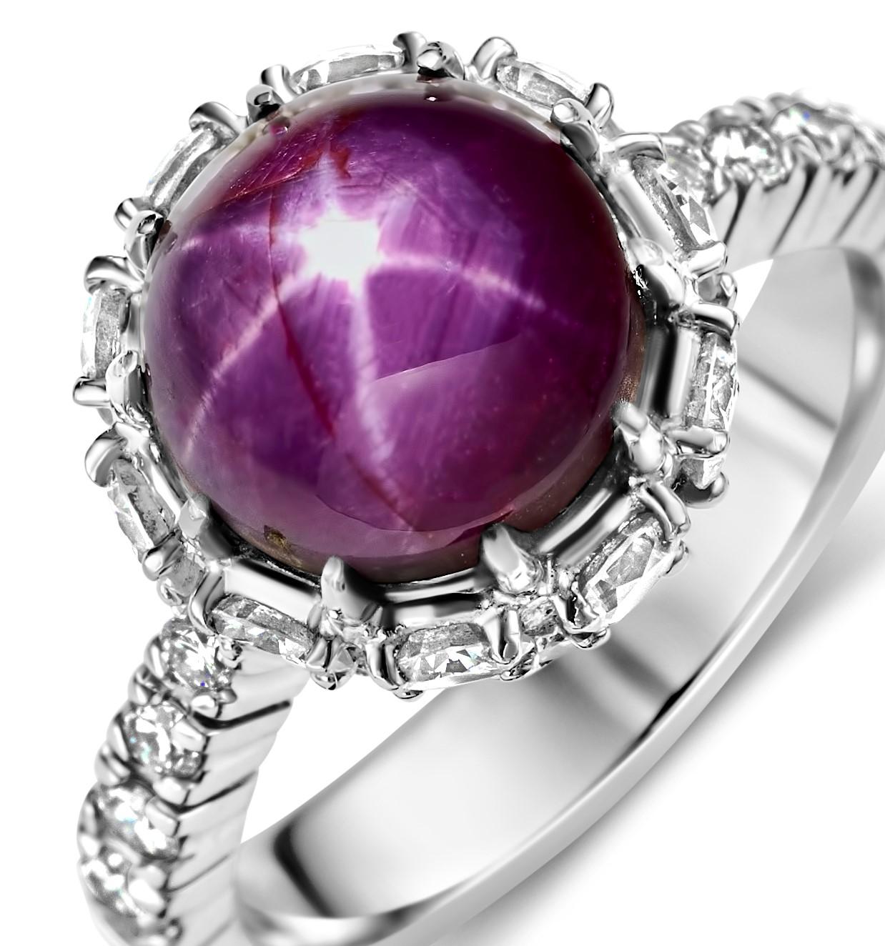 Sorprendente Anillo de Oro Blanco de 18 Quilates Sin Calor Rubí Estrella 6,11ct, Diamantes 1,83ct 

Rubí: Rojo púrpura intenso, Rubí estrella cabujón, sin indicios de calentamiento. Incluye certificado de laboratorio de gemas de quilates