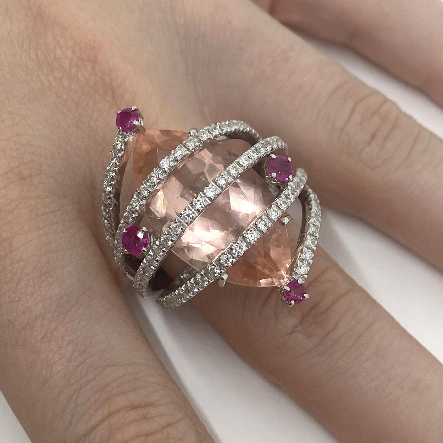 Fratelli Staurino signed ring made of 18kt white gold with natural brilliant-cut white diamonds for ct 1.38 and rubies for ct .0.54 and rose quartz navettes for ct .8.40

Welcome to our jewelry collection, where every piece tells a story of timeless