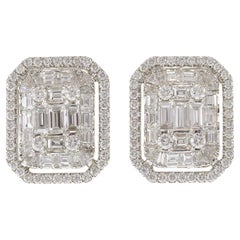 18KT White Gold Round and Baguette Diamond Cluster Earrings