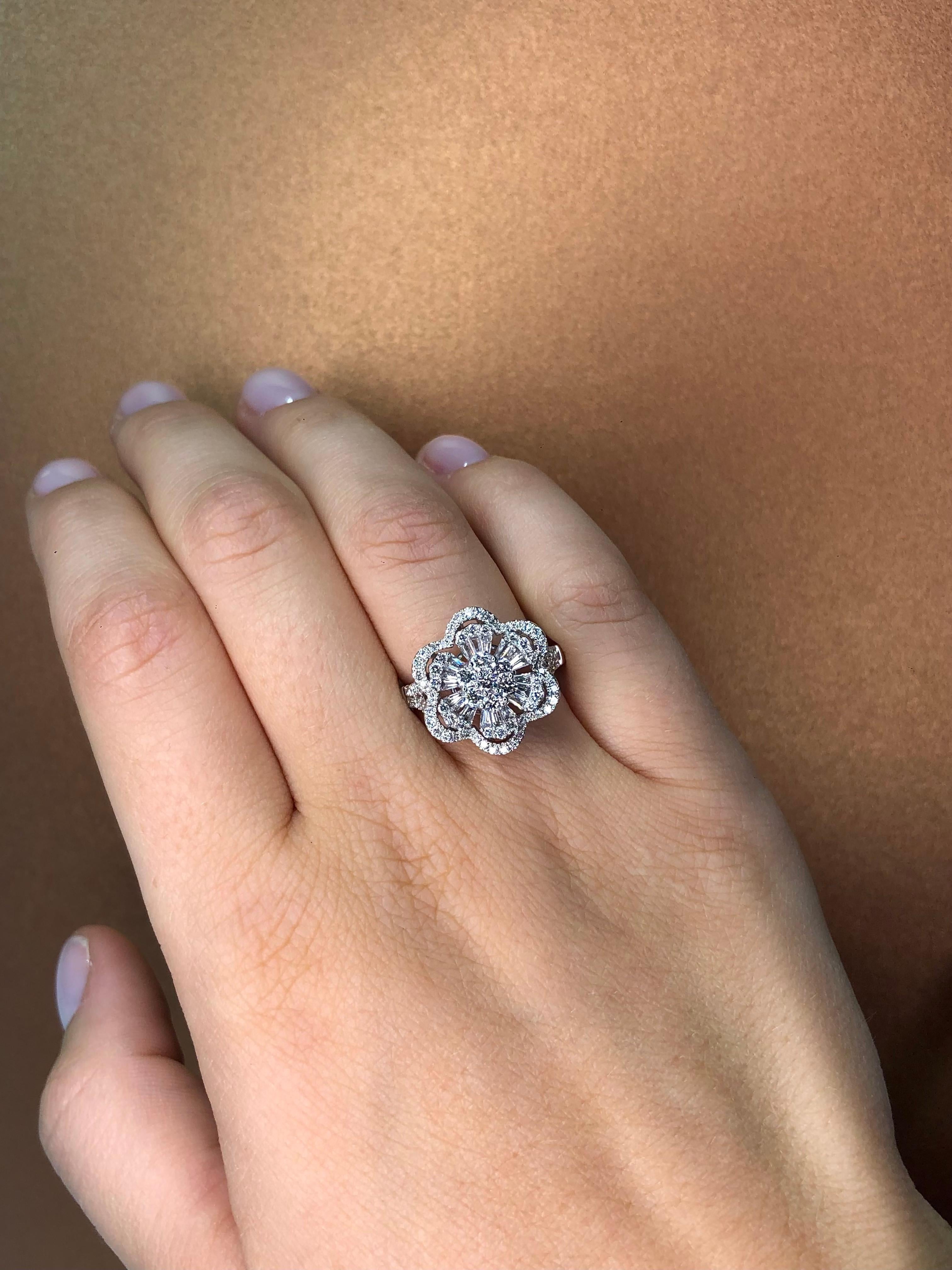 For Sale:  18KT White Gold Round Baguette Diamonds Flower Star Burst Cluster Fashion Ring  6