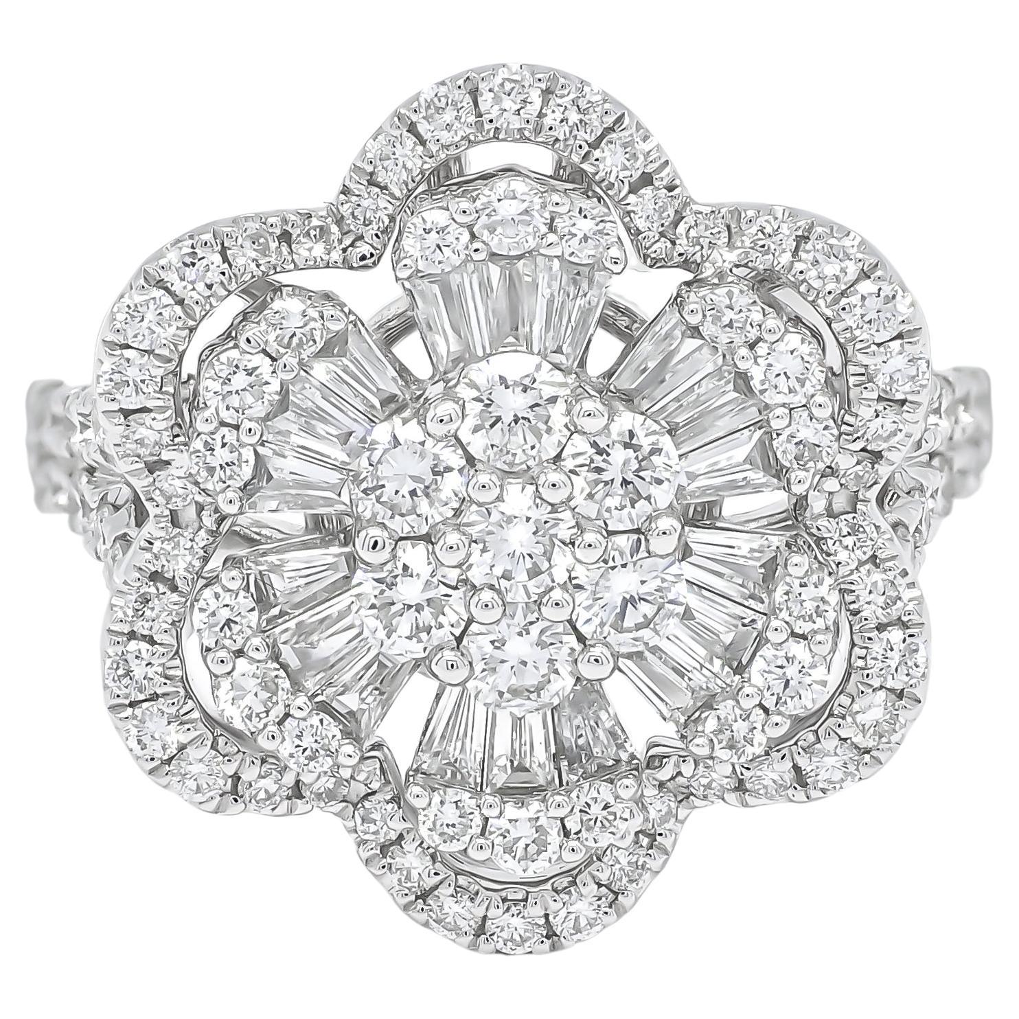 For Sale:  18KT White Gold Round Baguette Diamonds Flower Star Burst Cluster Fashion Ring