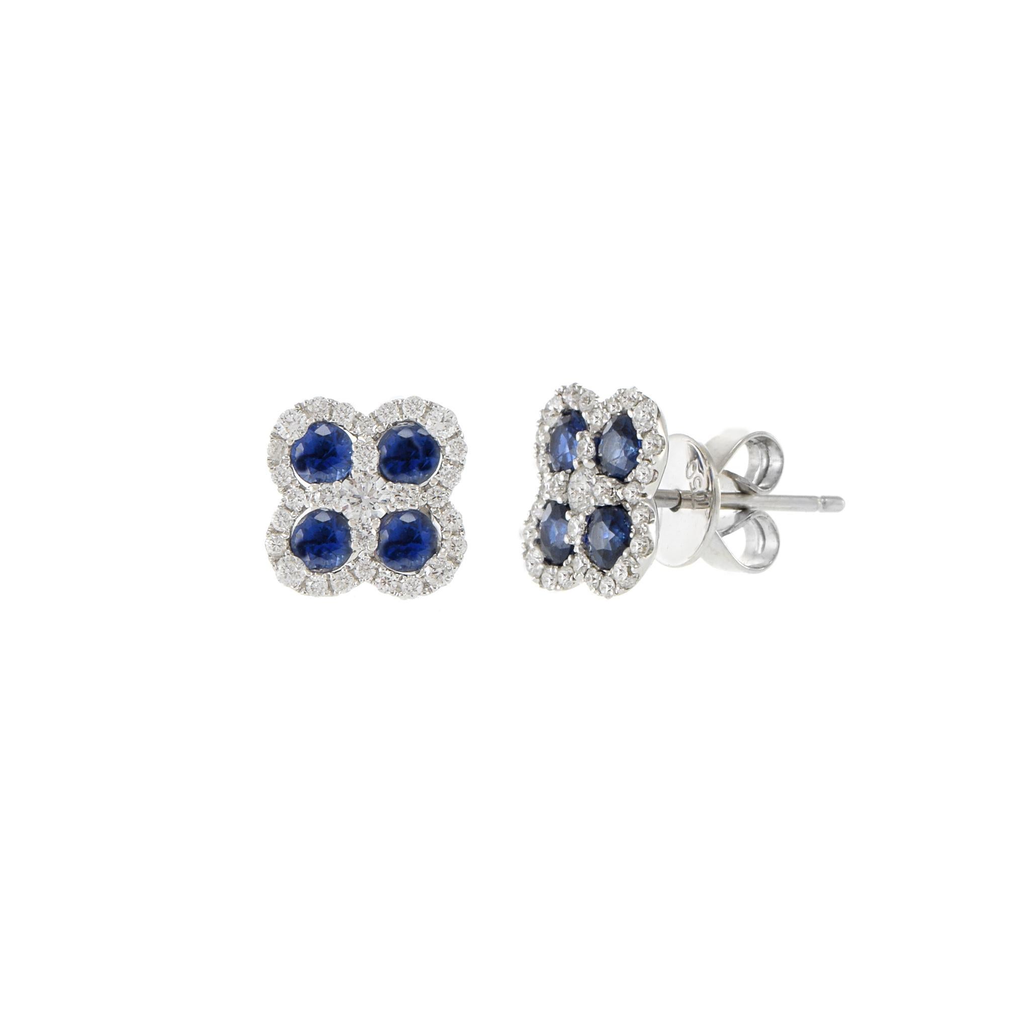Modern 18KT White Gold Round Cut Blue Sapphire And Diamond Clover Earrings For Sale