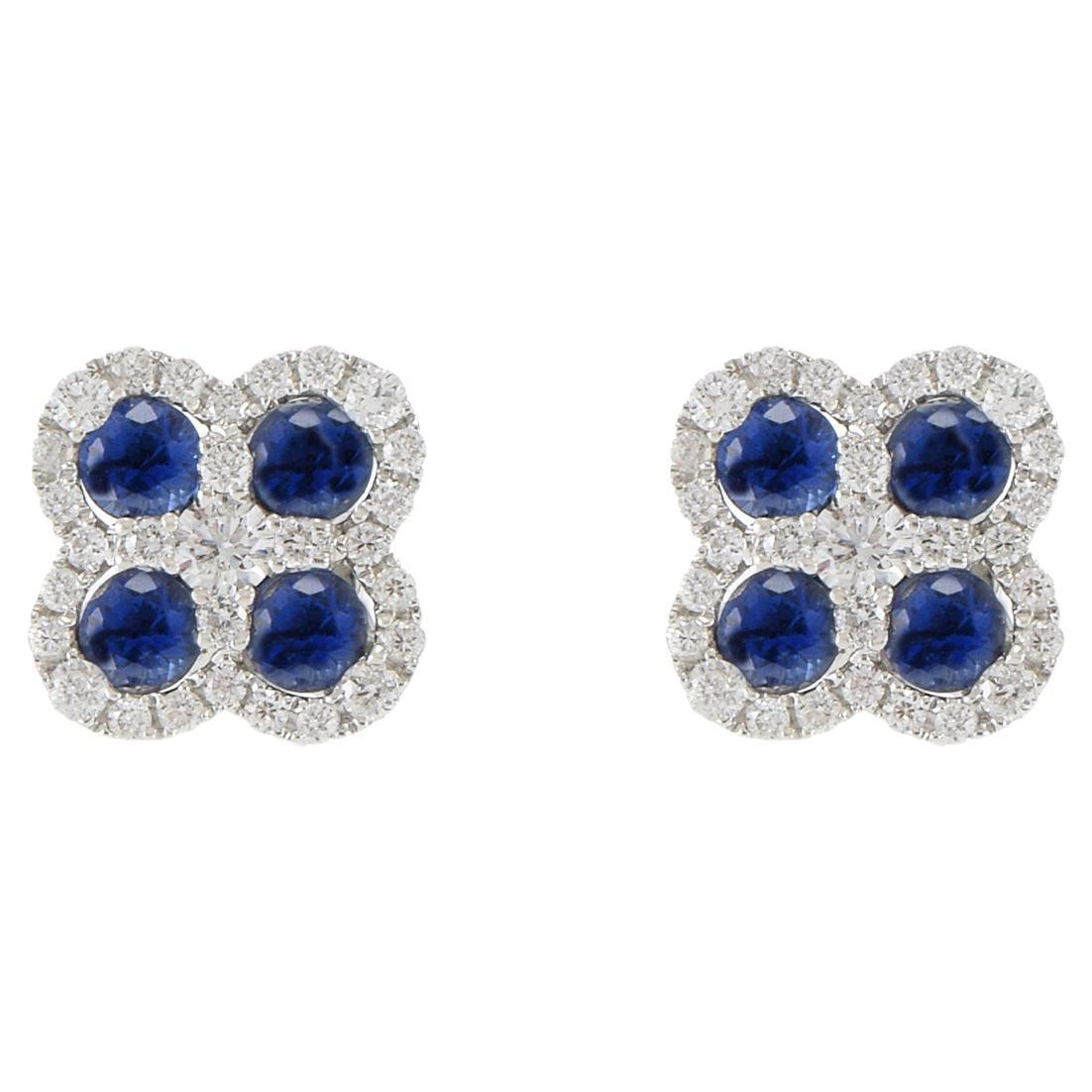 18KT White Gold Round Cut Blue Sapphire And Diamond Clover Earrings