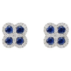 18KT Kleeblattohrringe aus Weißgold mit blauem Saphir im Rundschliff und Diamanten