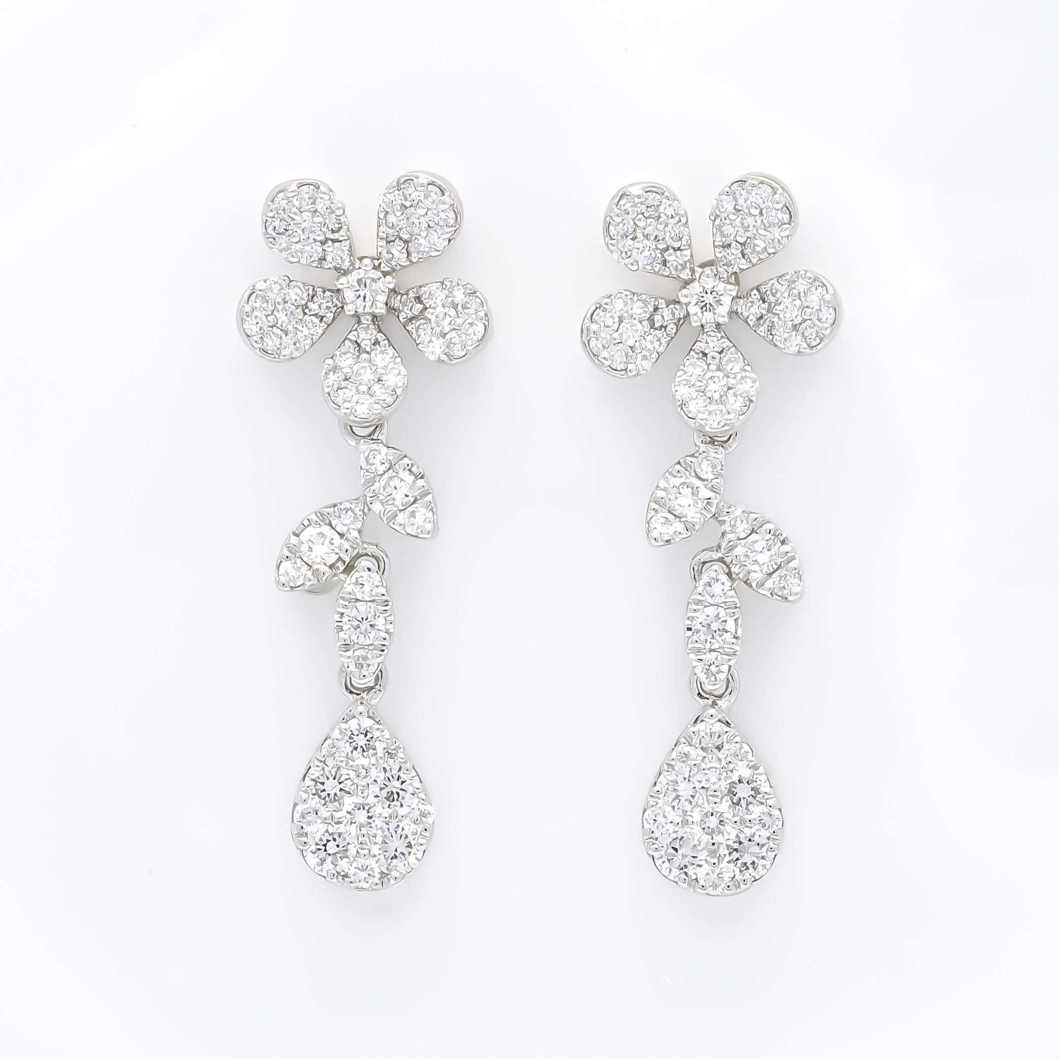 Artisan Natural Diamond 0.94 carats 18 Karat White Gold Flower Dangle Drop Earrings  For Sale
