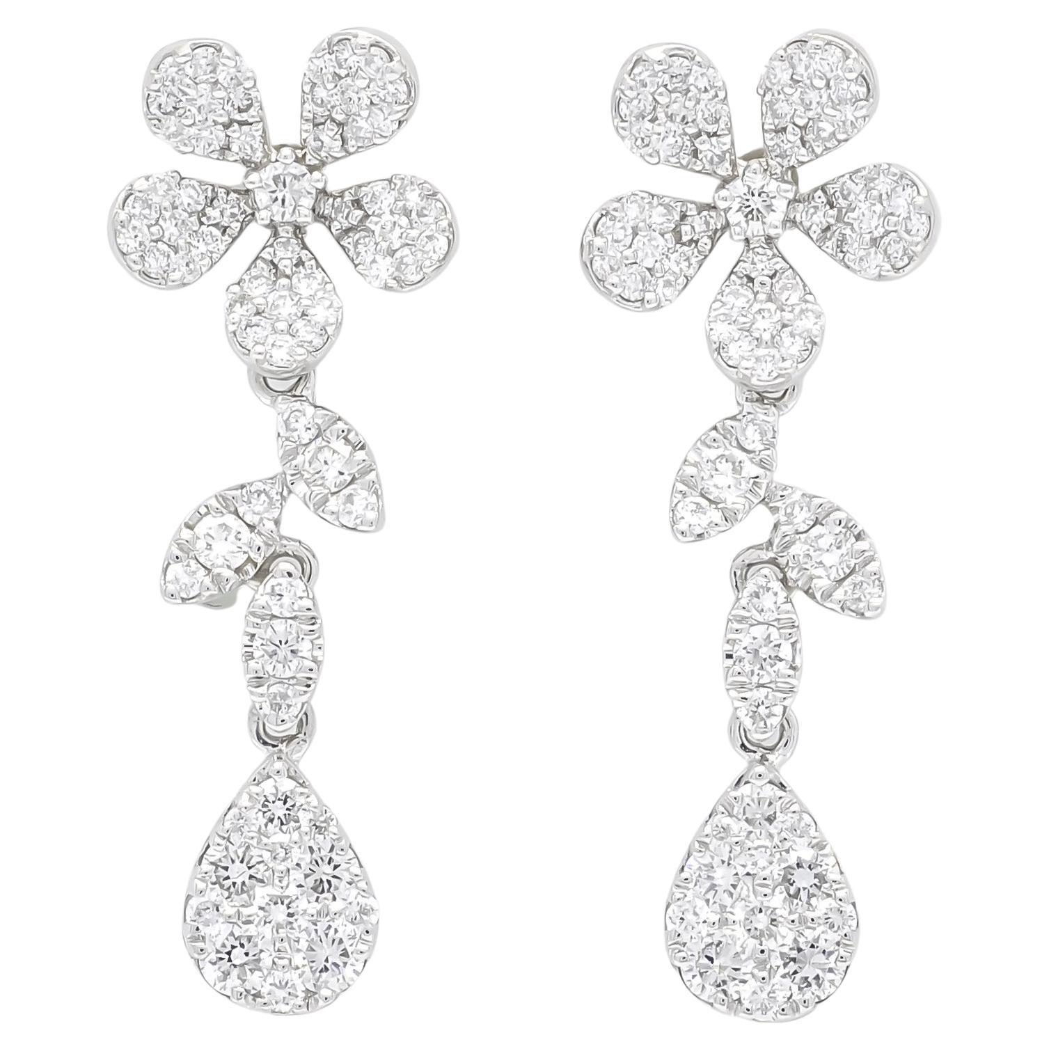 Natural Diamond 0.94 carats 18 Karat White Gold Flower Dangle Drop Earrings  For Sale