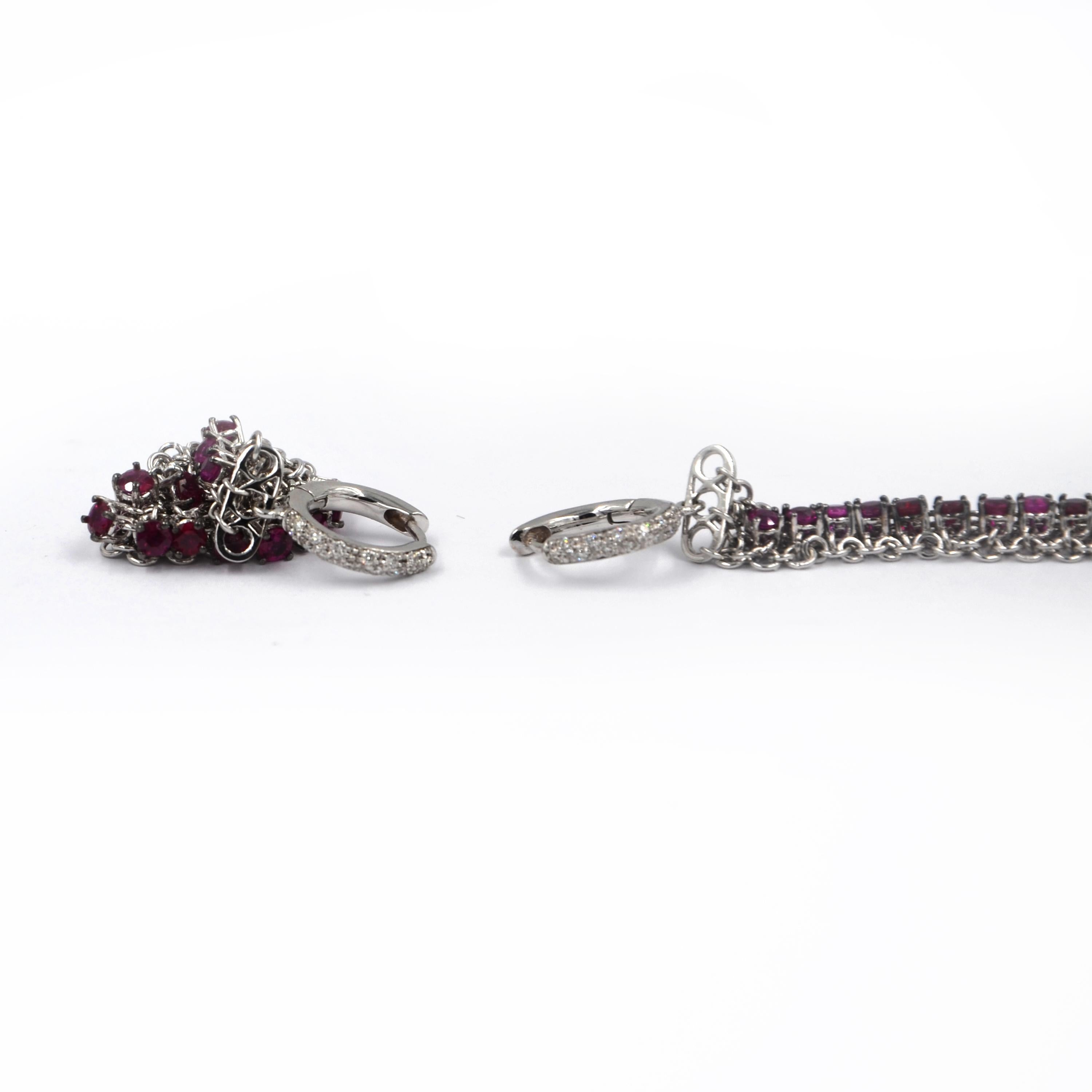 Round Cut 18 Karat White Gold Rubies and Diamonds Garavelli Long Earrings