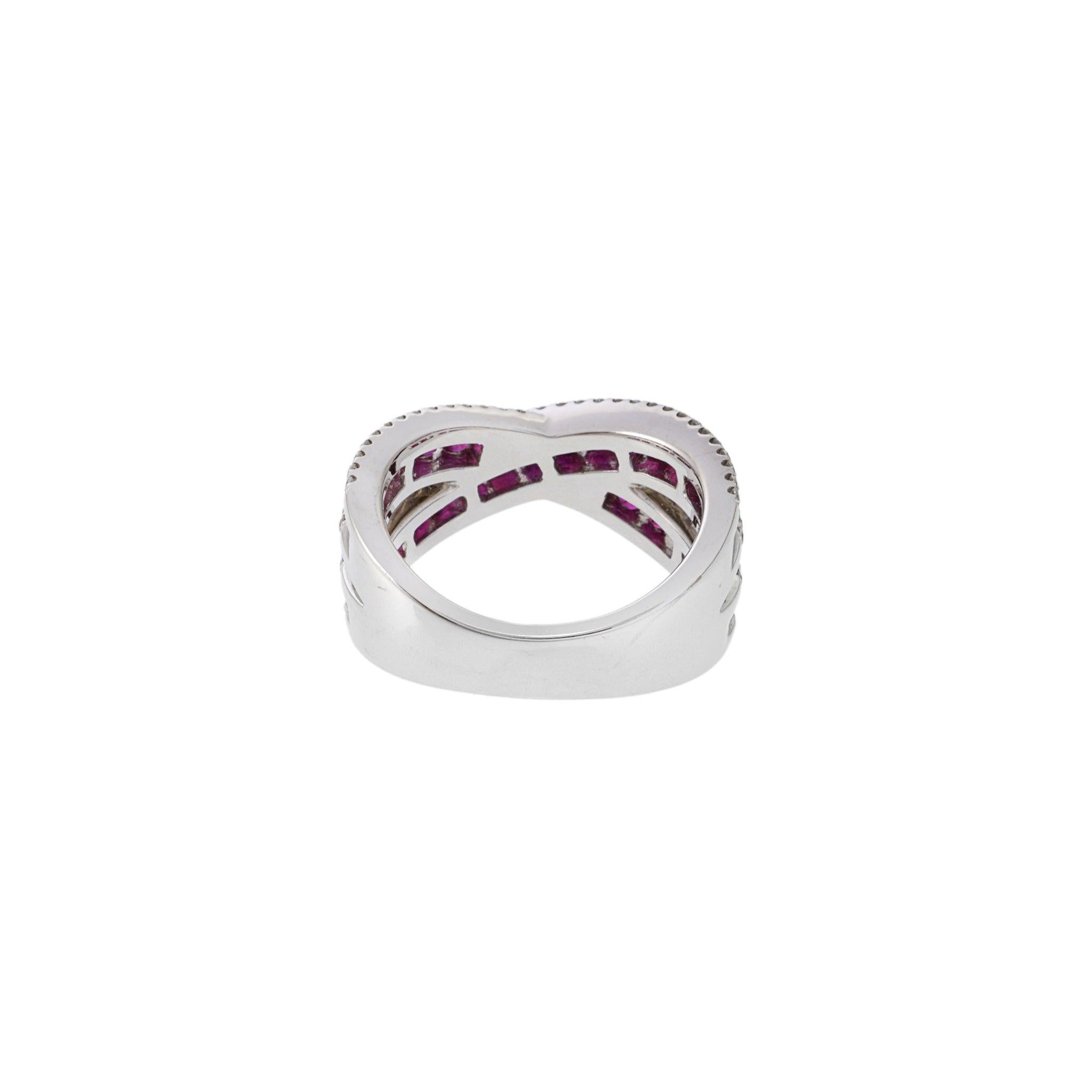 18KT White Gold Ruby and Diamond Criss Cross Ring For Sale 4