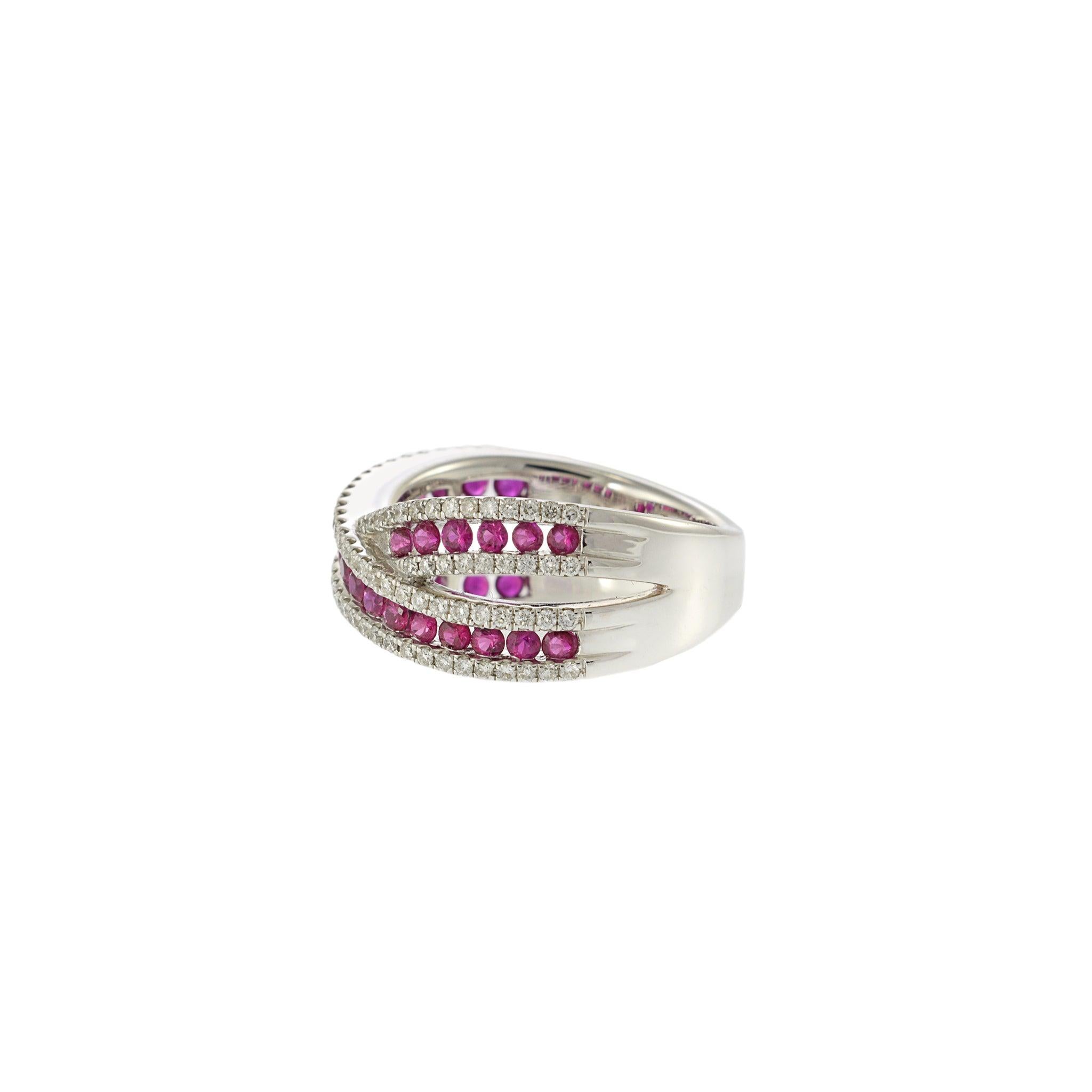 Modern 18KT White Gold Ruby and Diamond Criss Cross Ring For Sale