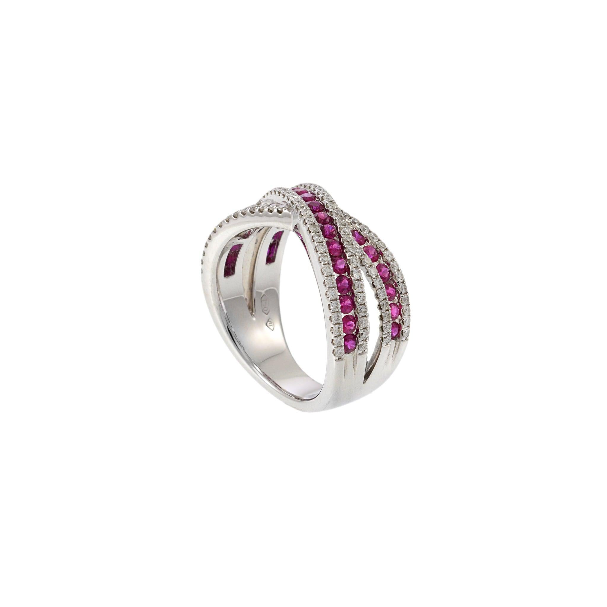 Round Cut 18KT White Gold Ruby and Diamond Criss Cross Ring For Sale
