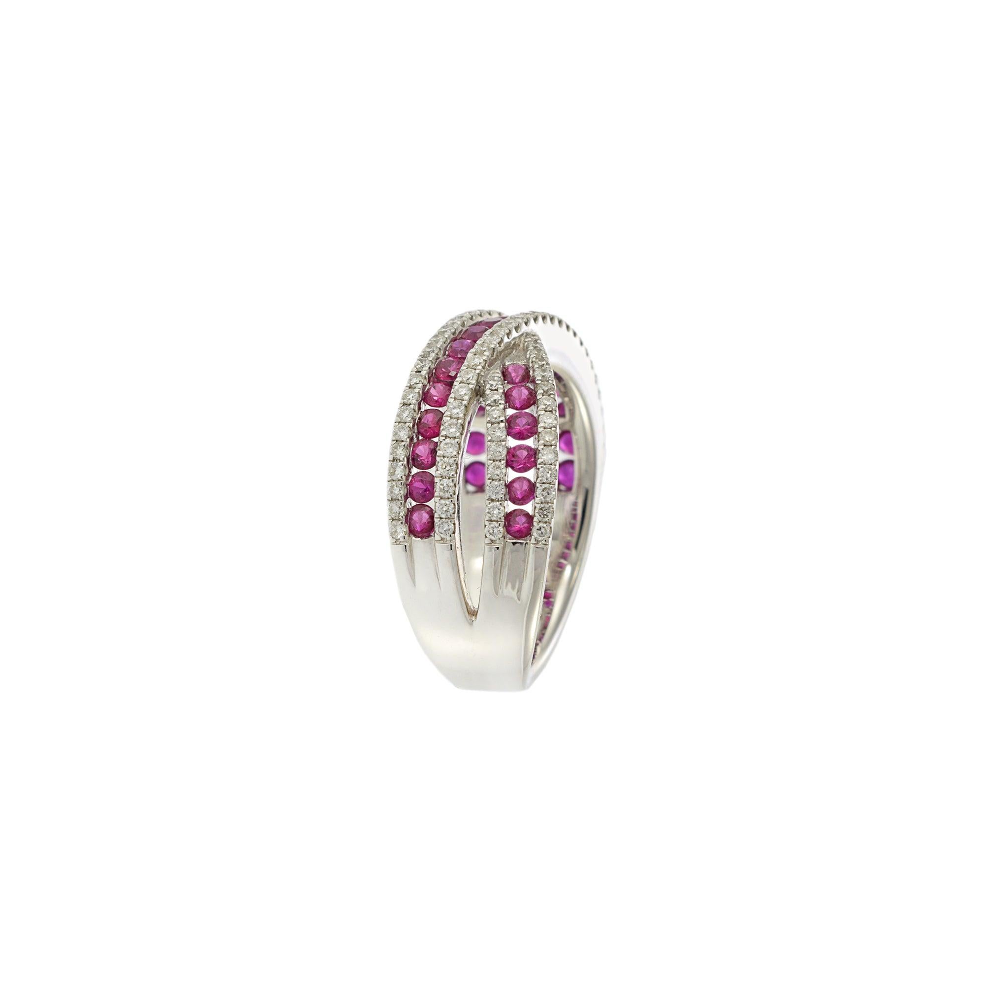 18KT White Gold Ruby and Diamond Criss Cross Ring In New Condition For Sale In New York, NY