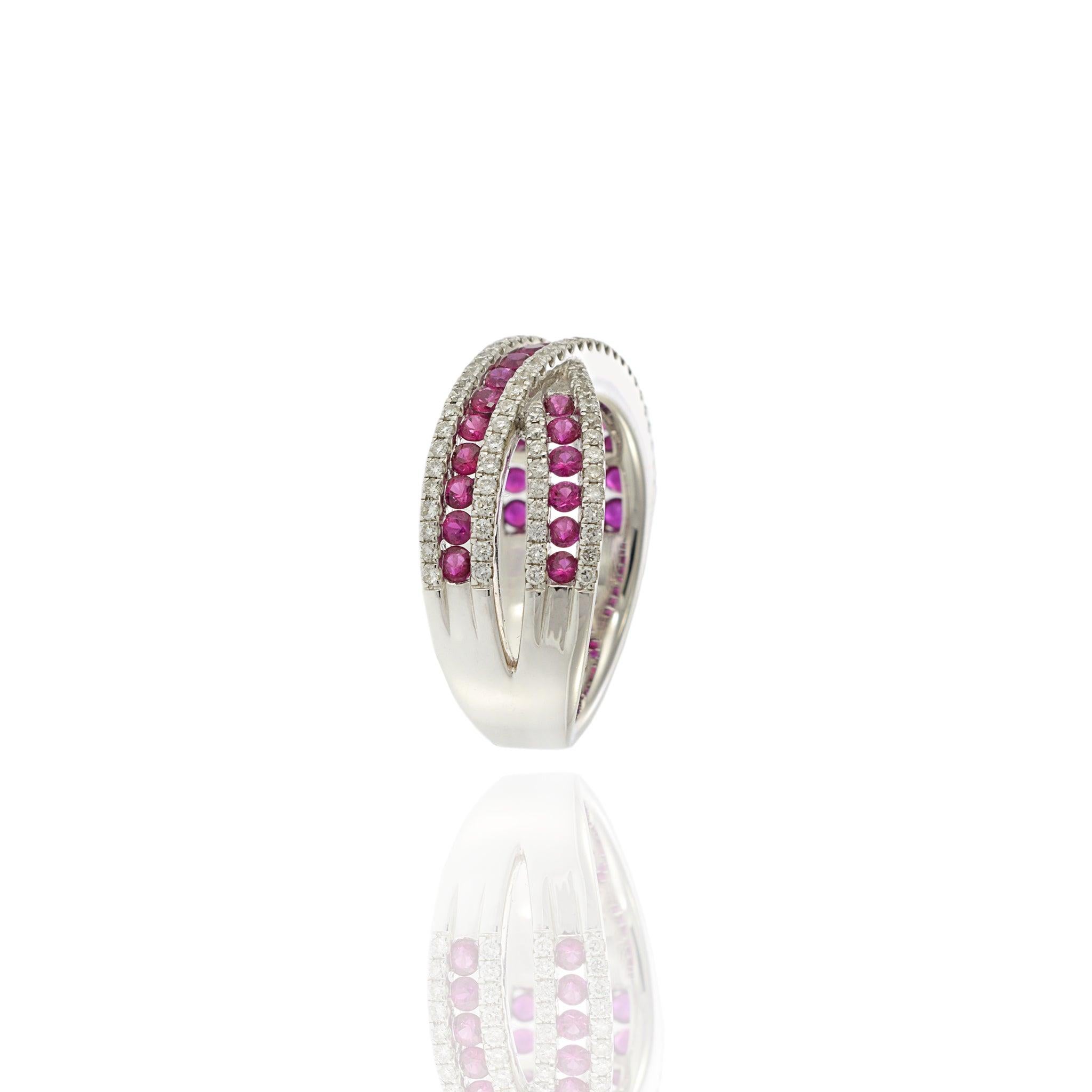 Women's 18KT White Gold Ruby and Diamond Criss Cross Ring For Sale
