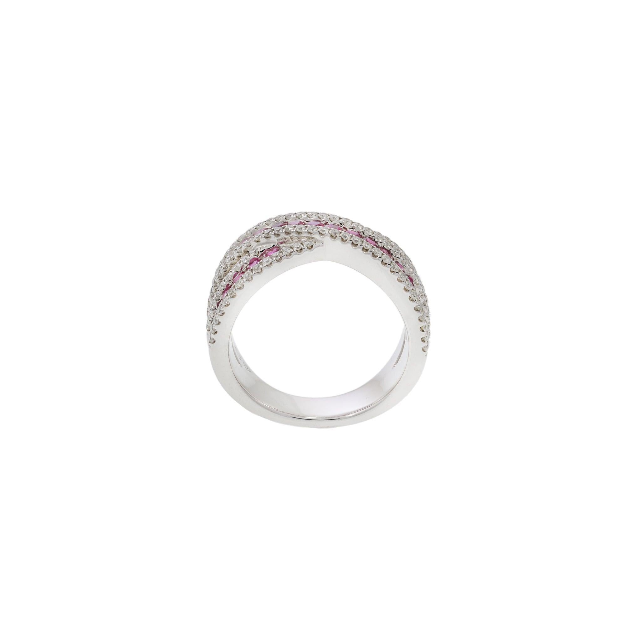 18KT White Gold Ruby and Diamond Criss Cross Ring For Sale 1