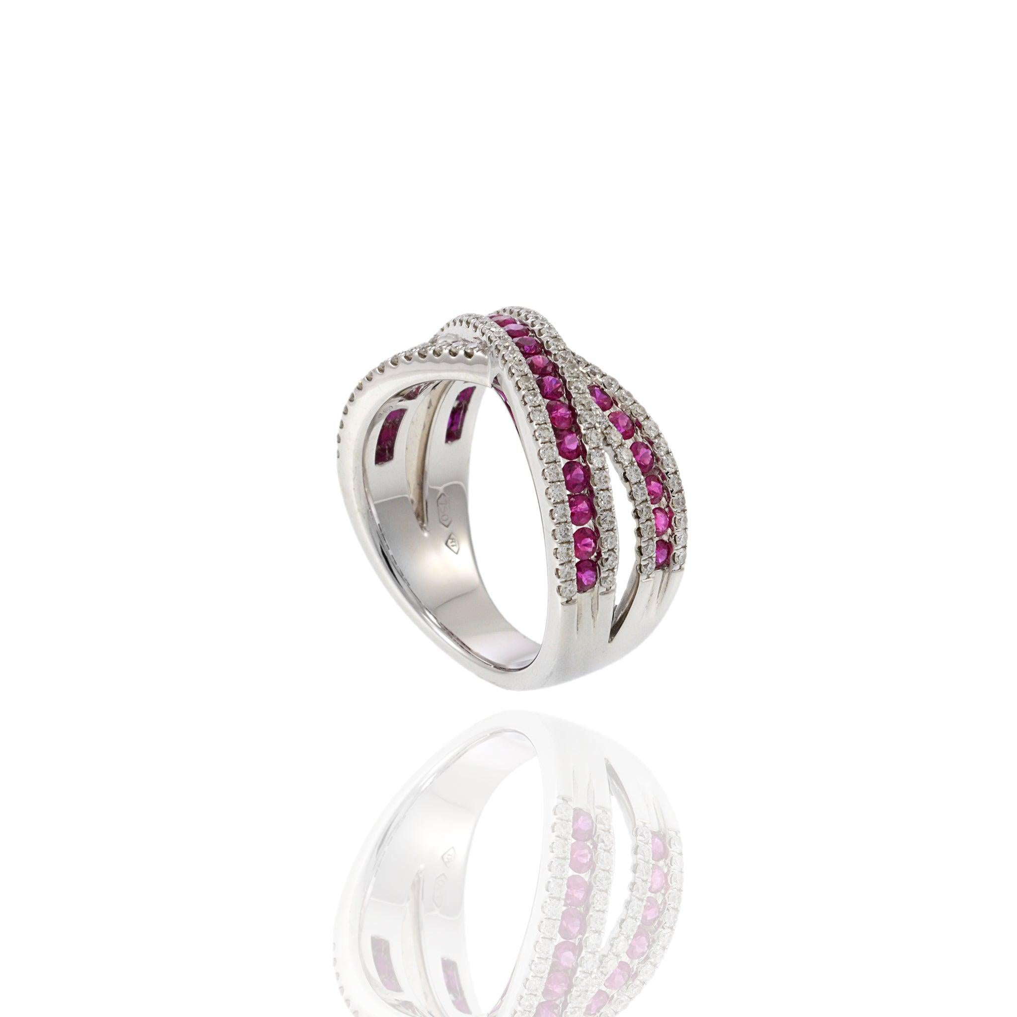18KT White Gold Ruby and Diamond Criss Cross Ring For Sale 2