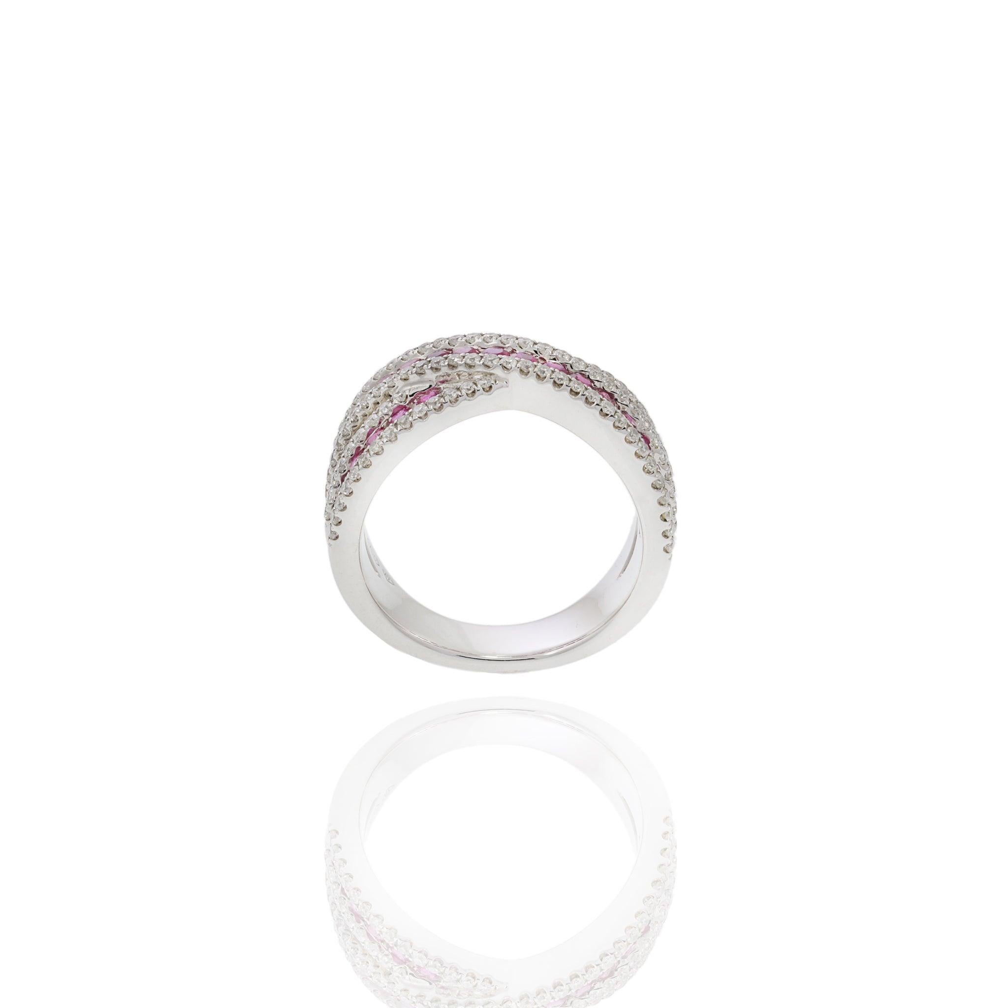 18KT White Gold Ruby and Diamond Criss Cross Ring For Sale 3