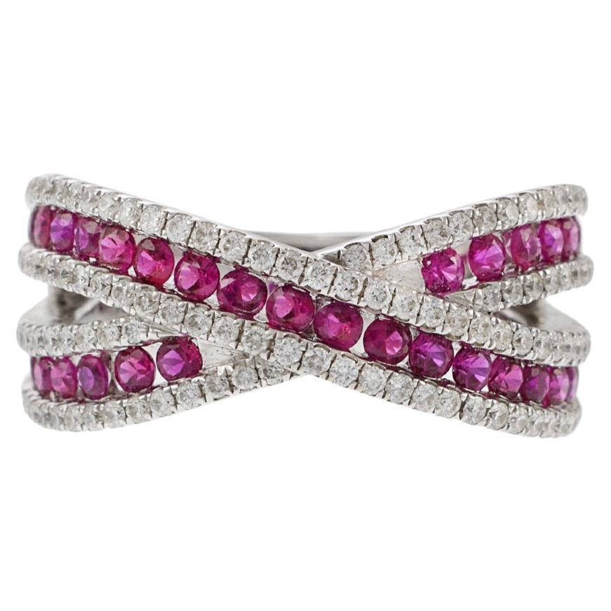 18KT White Gold Ruby and Diamond Criss Cross Ring