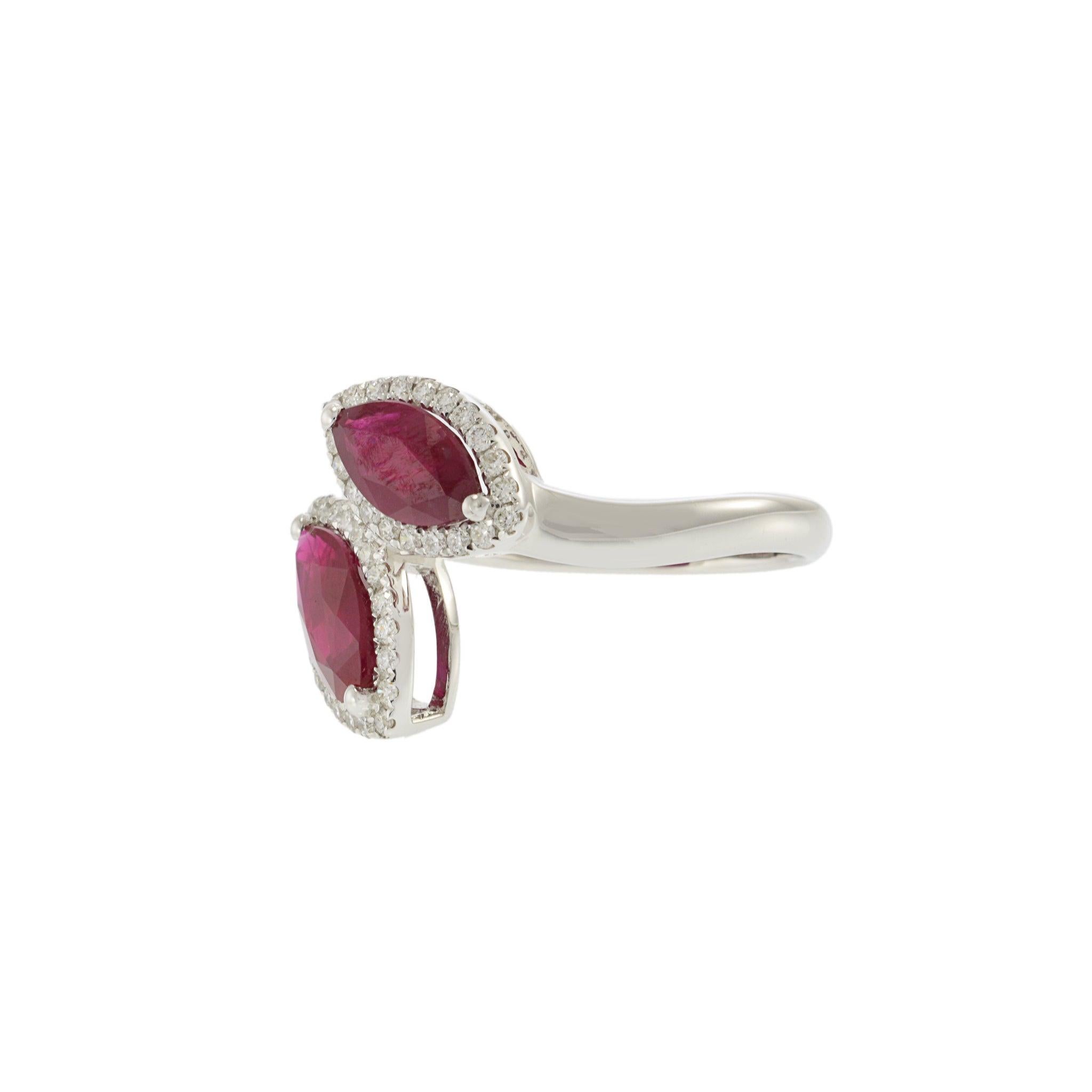 Modern 18KT White Gold Ruby and Diamond Double Petal Ring For Sale