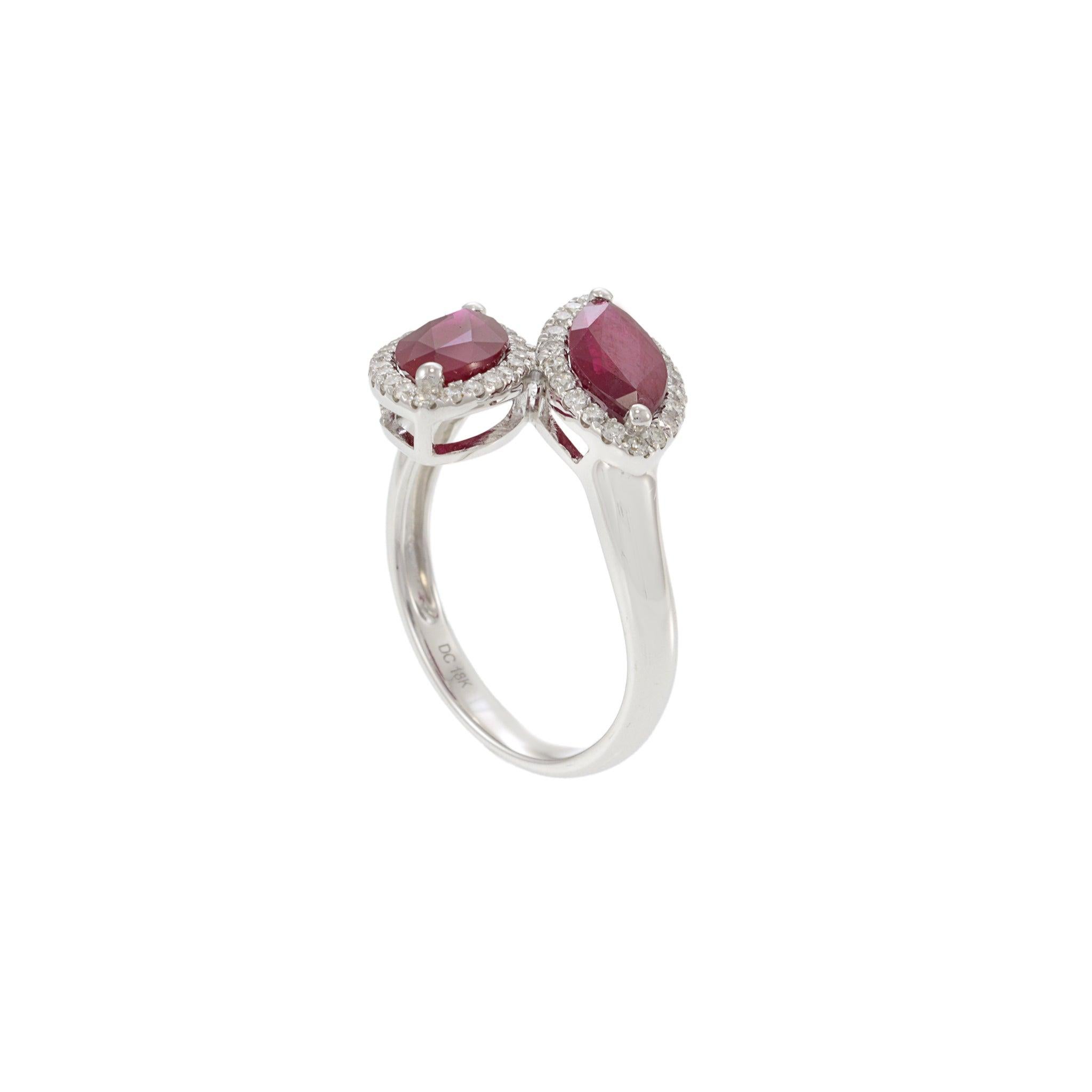 18KT White Gold Ruby and Diamond Double Petal Ring In New Condition For Sale In New York, NY