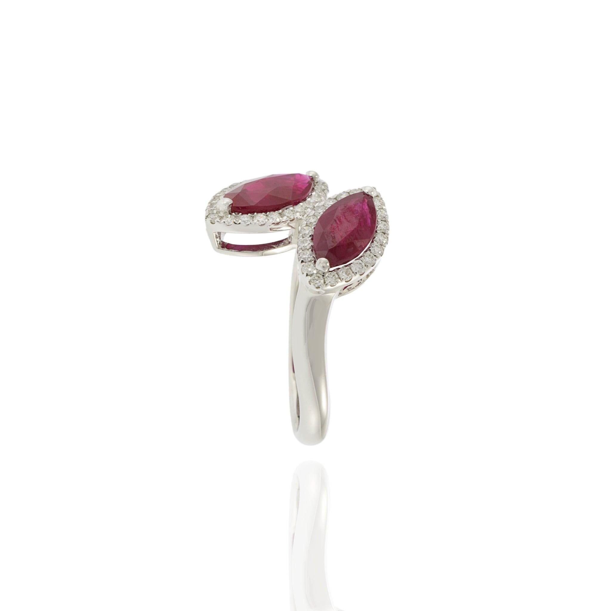 Women's 18KT White Gold Ruby and Diamond Double Petal Ring For Sale