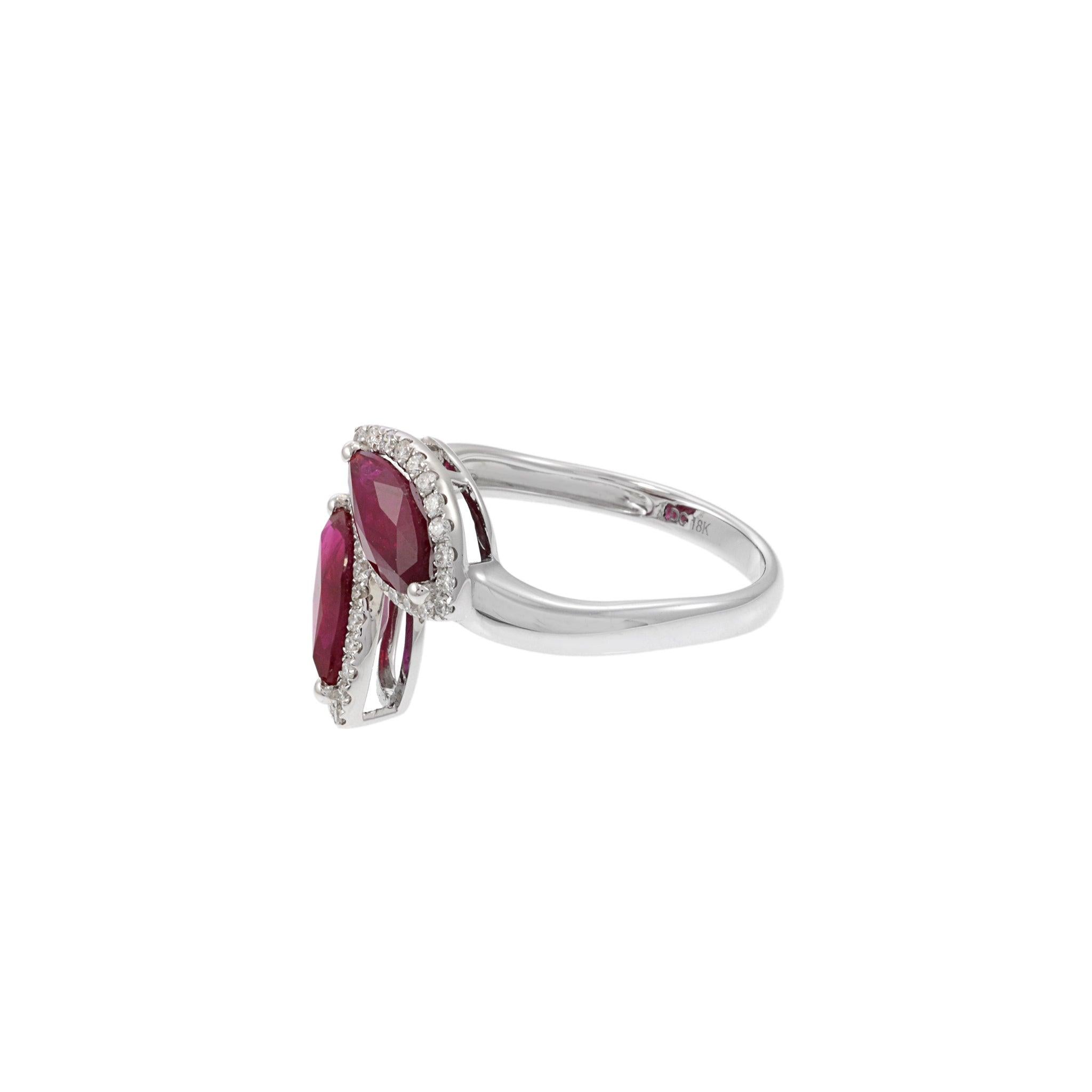 18KT White Gold Ruby and Diamond Double Petal Ring For Sale 1