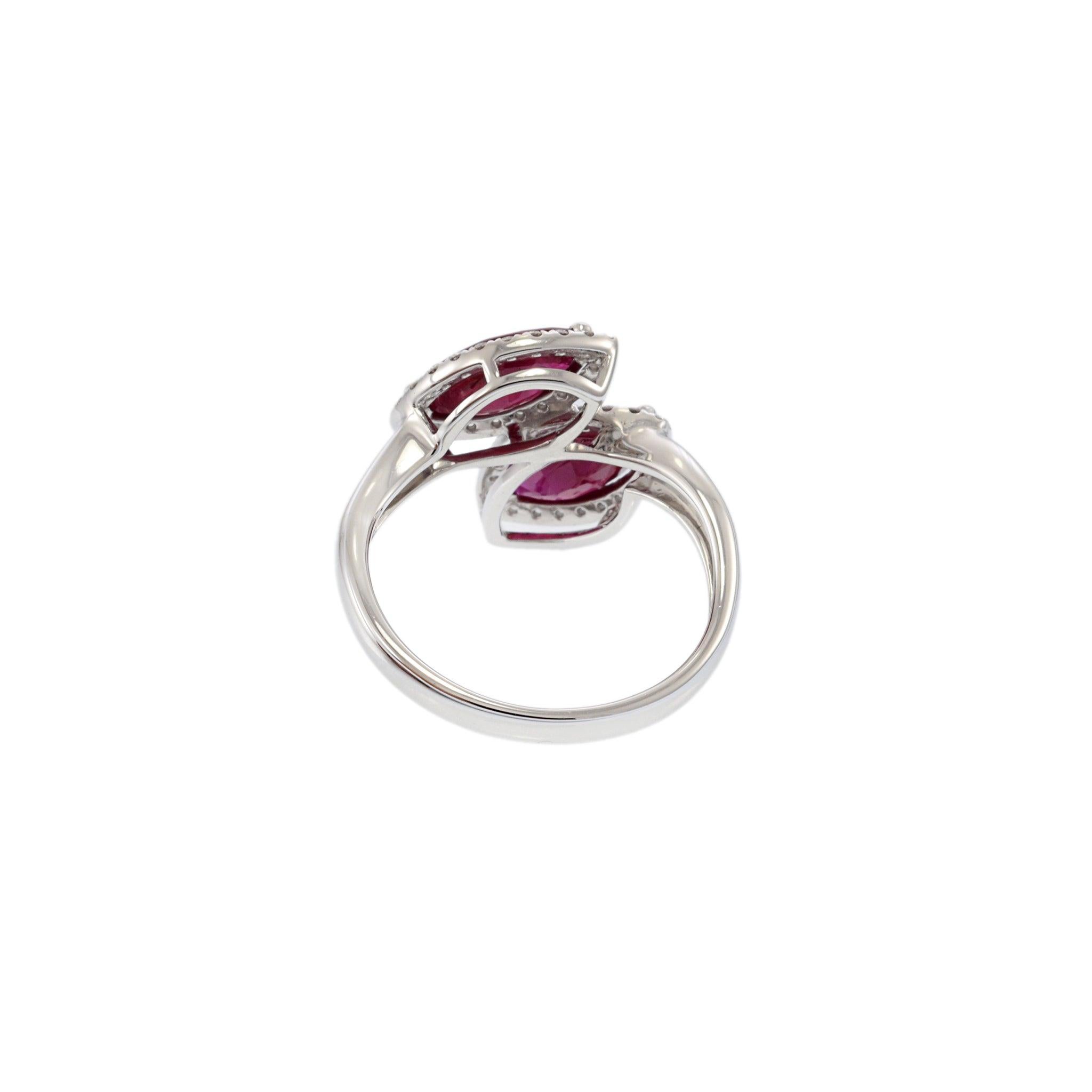 18KT White Gold Ruby and Diamond Double Petal Ring For Sale 2