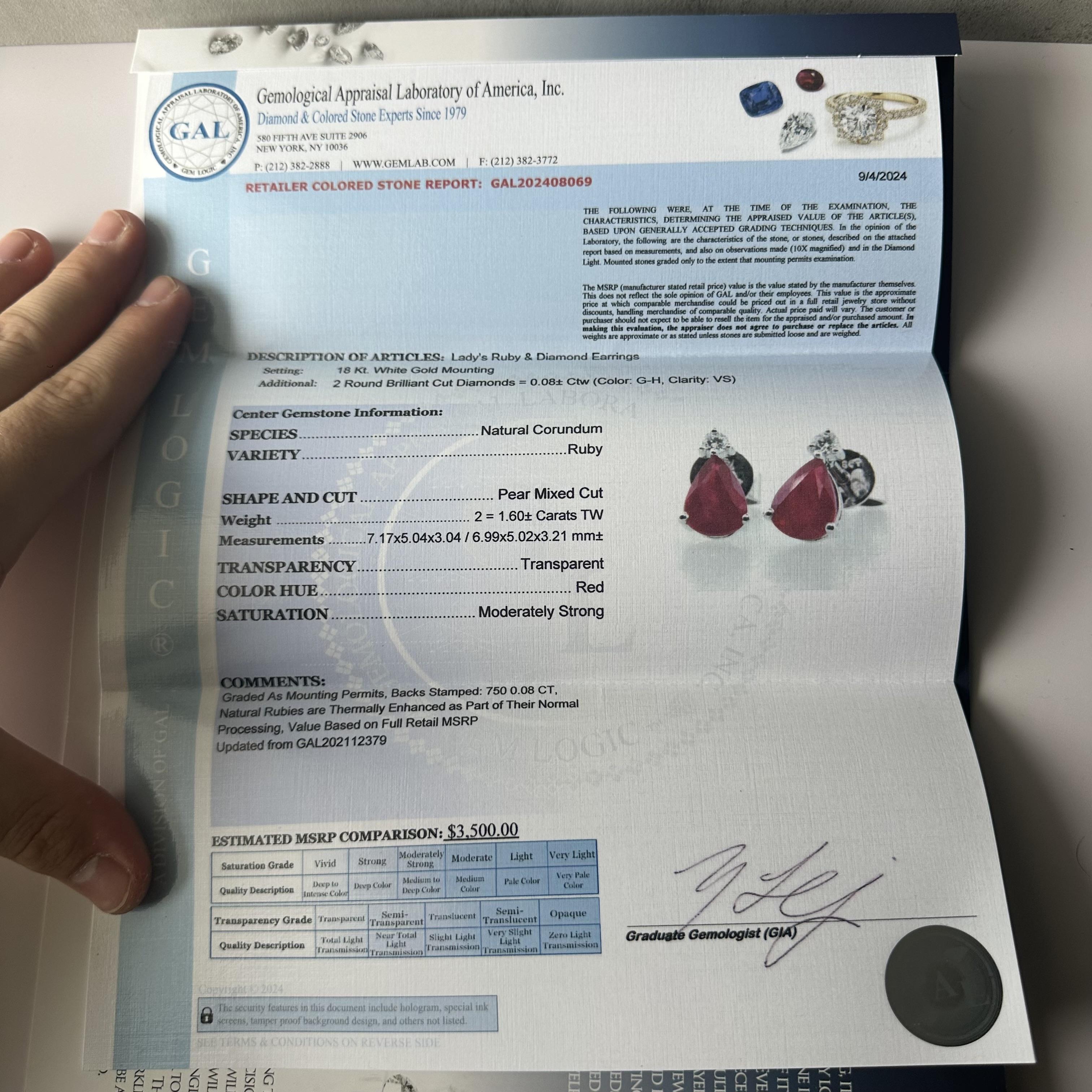18kt White Gold Ruby and Diamond Earrings w/Appraisal - 1.60ctw Pear Rubies For Sale 1