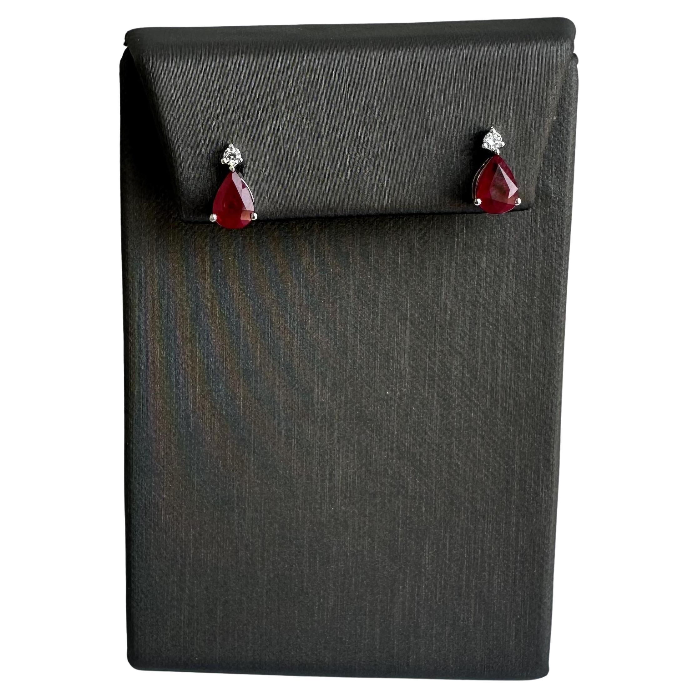18kt White Gold Ruby and Diamond Earrings w/Appraisal - 1.60ctw Pear Rubies For Sale