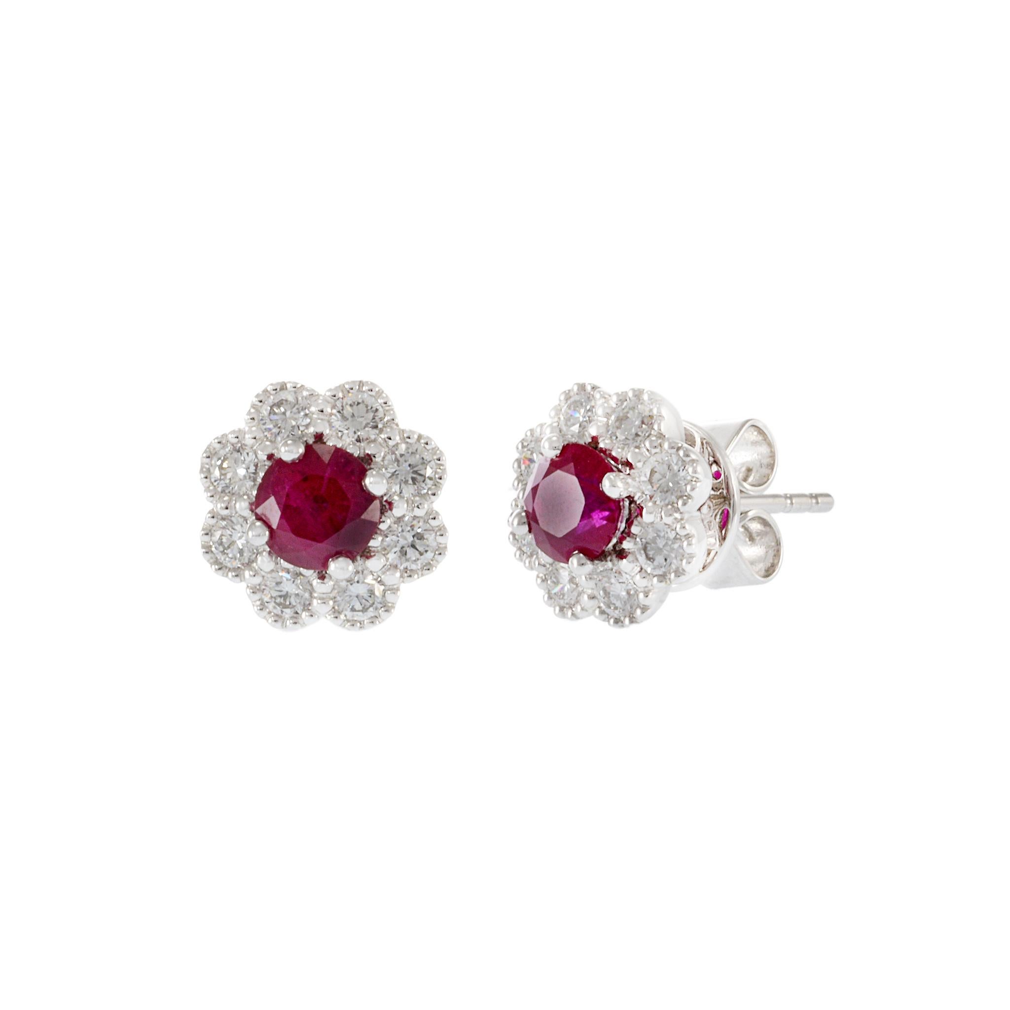 Modern 18KT White Gold Ruby and Diamond Flower Earrings For Sale