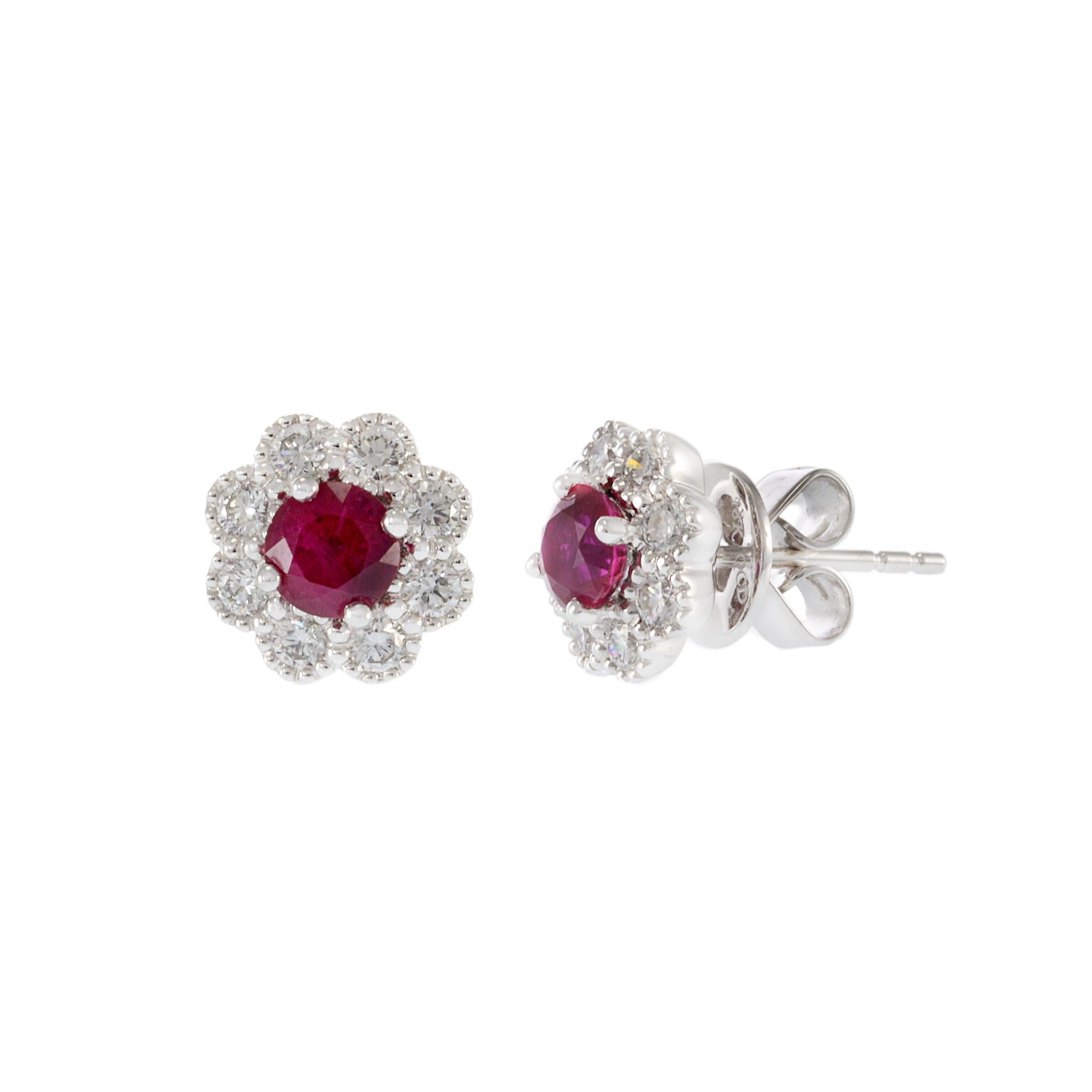 Round Cut 18KT White Gold Ruby and Diamond Flower Earrings For Sale