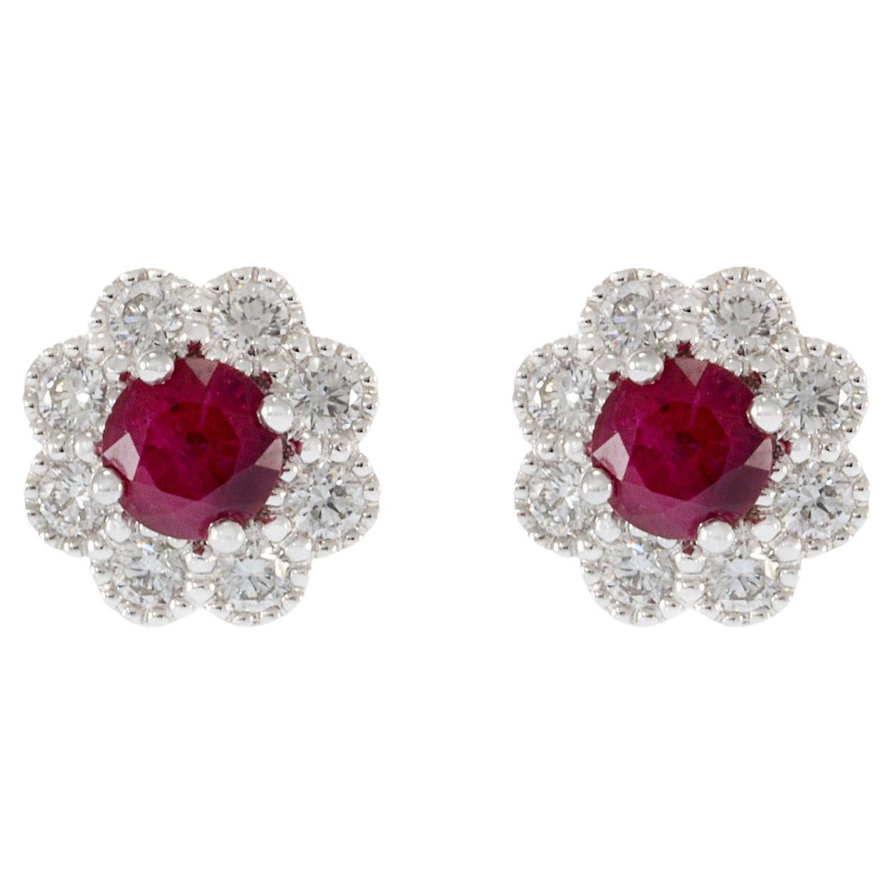 18KT White Gold Ruby and Diamond Flower Earrings