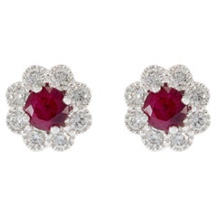 18KT White Gold Ruby and Diamond Flower Earrings