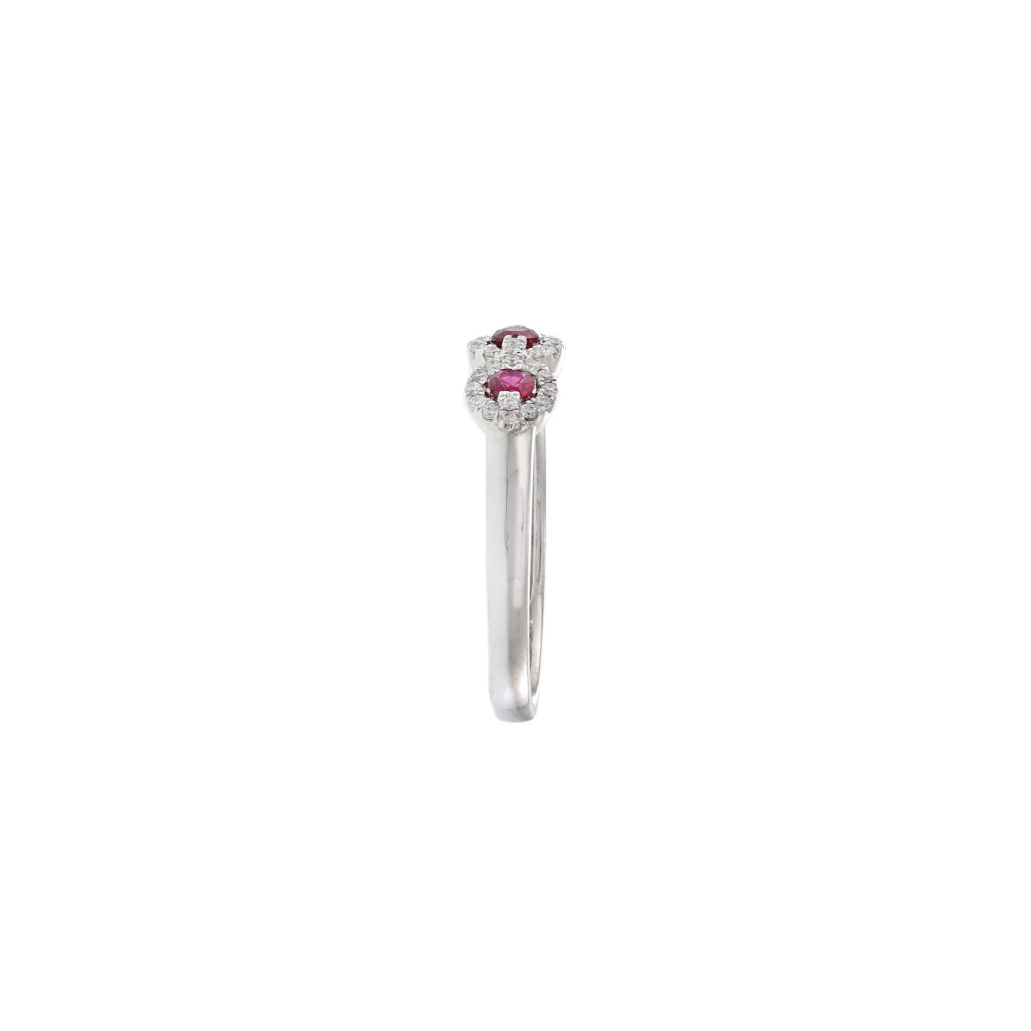 Round Cut 18KT White Gold Ruby and Diamond Triple Loop Ring For Sale