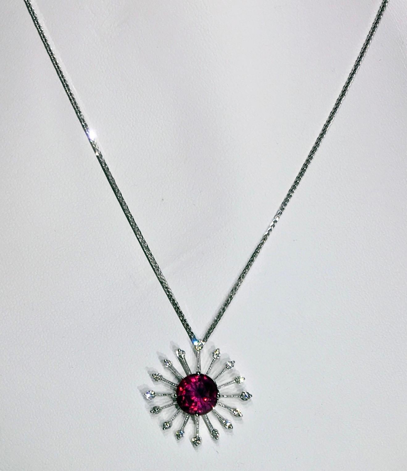 18kt White Gold Ruby Burst Pendant with Diamonds For Sale 5