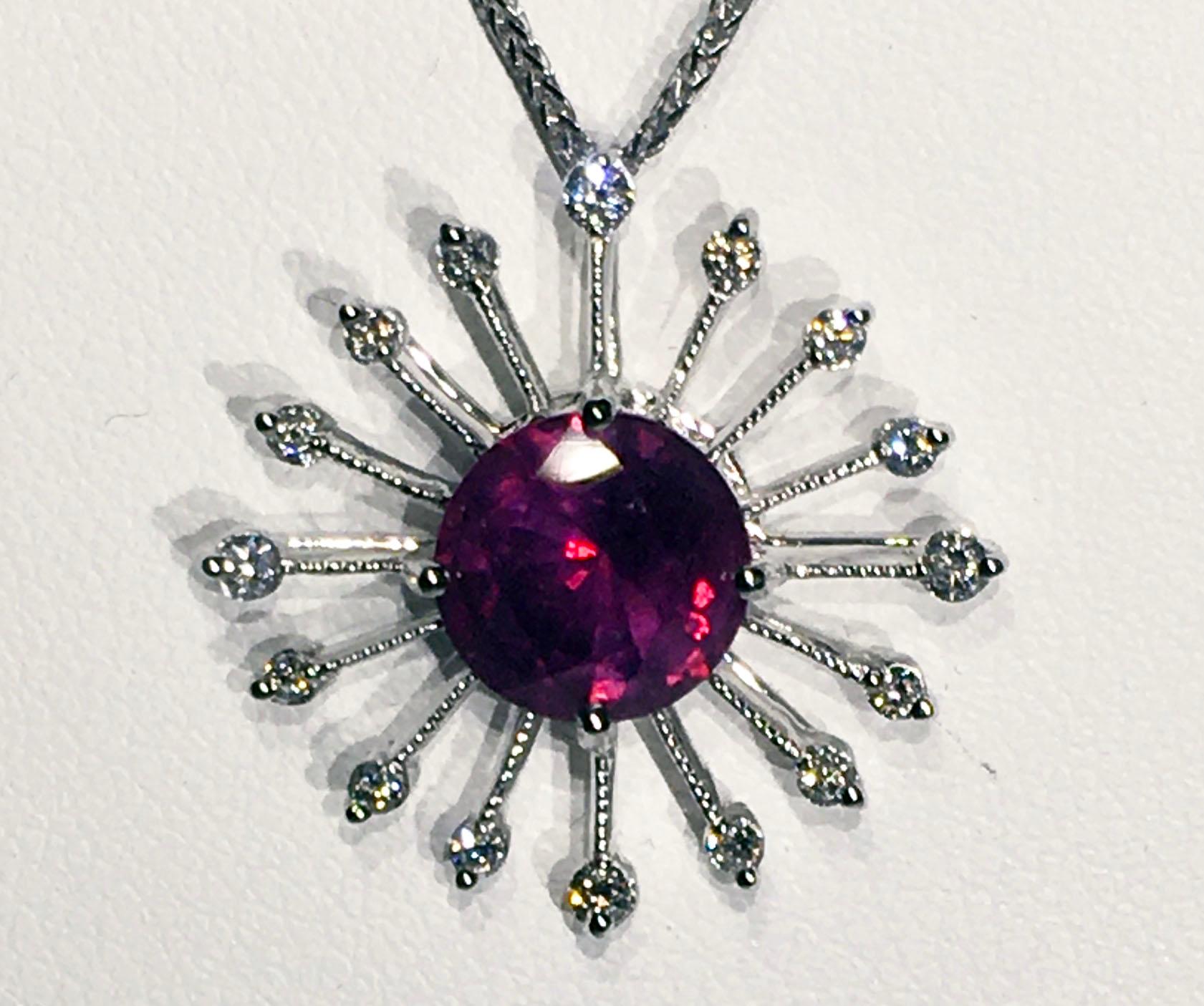 18kt White Gold Ruby Burst Pendant with Diamonds For Sale 6