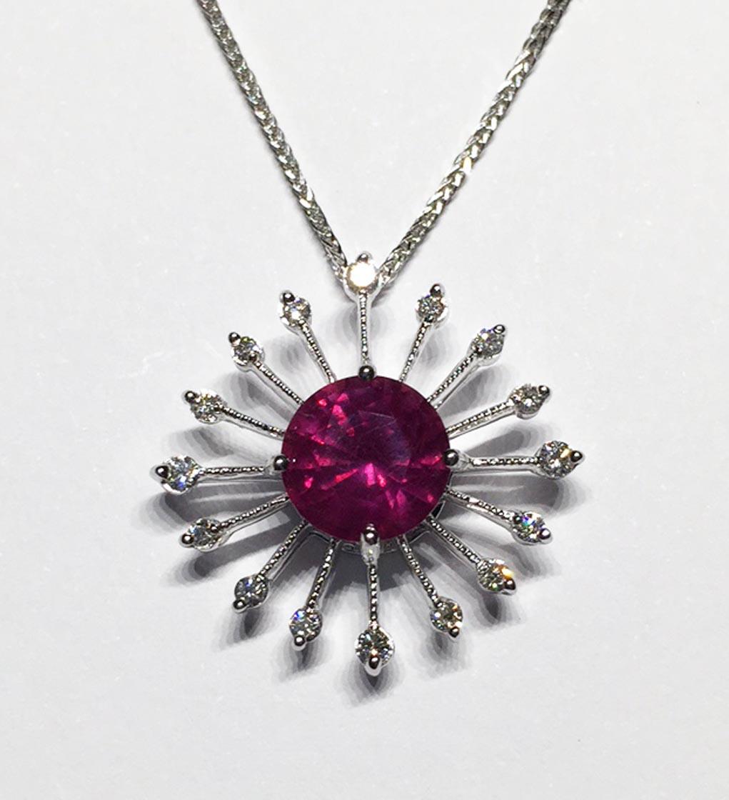 Contemporary 18kt White Gold Ruby Burst Pendant with Diamonds For Sale