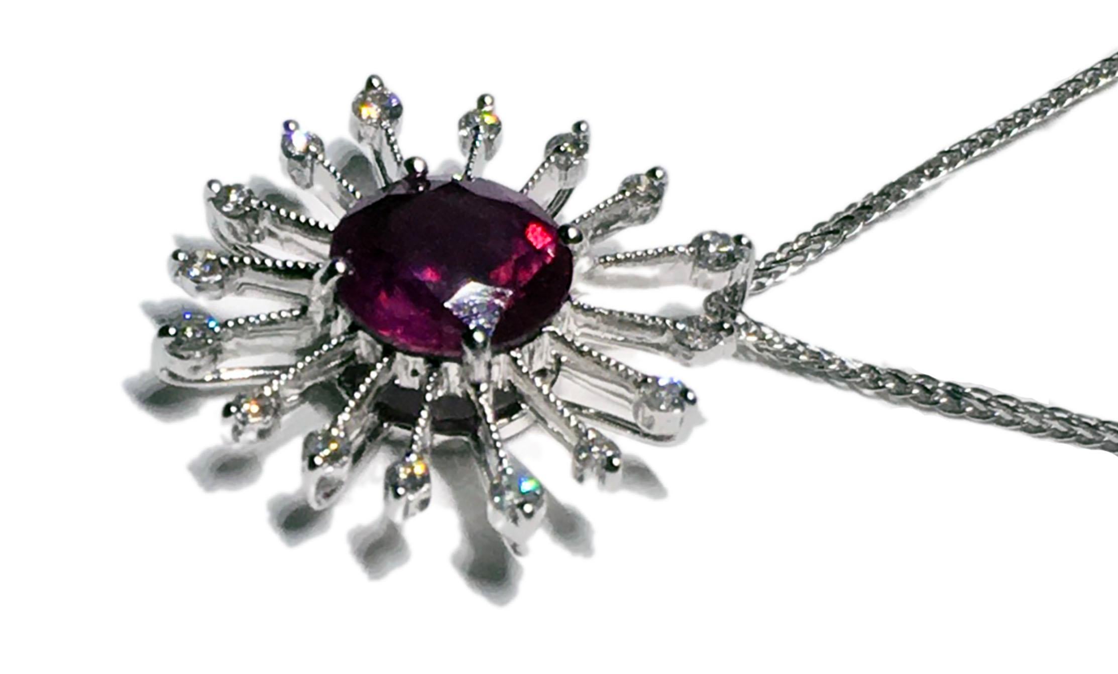18kt White Gold Ruby Burst Pendant with Diamonds In New Condition For Sale In Seattle, WA