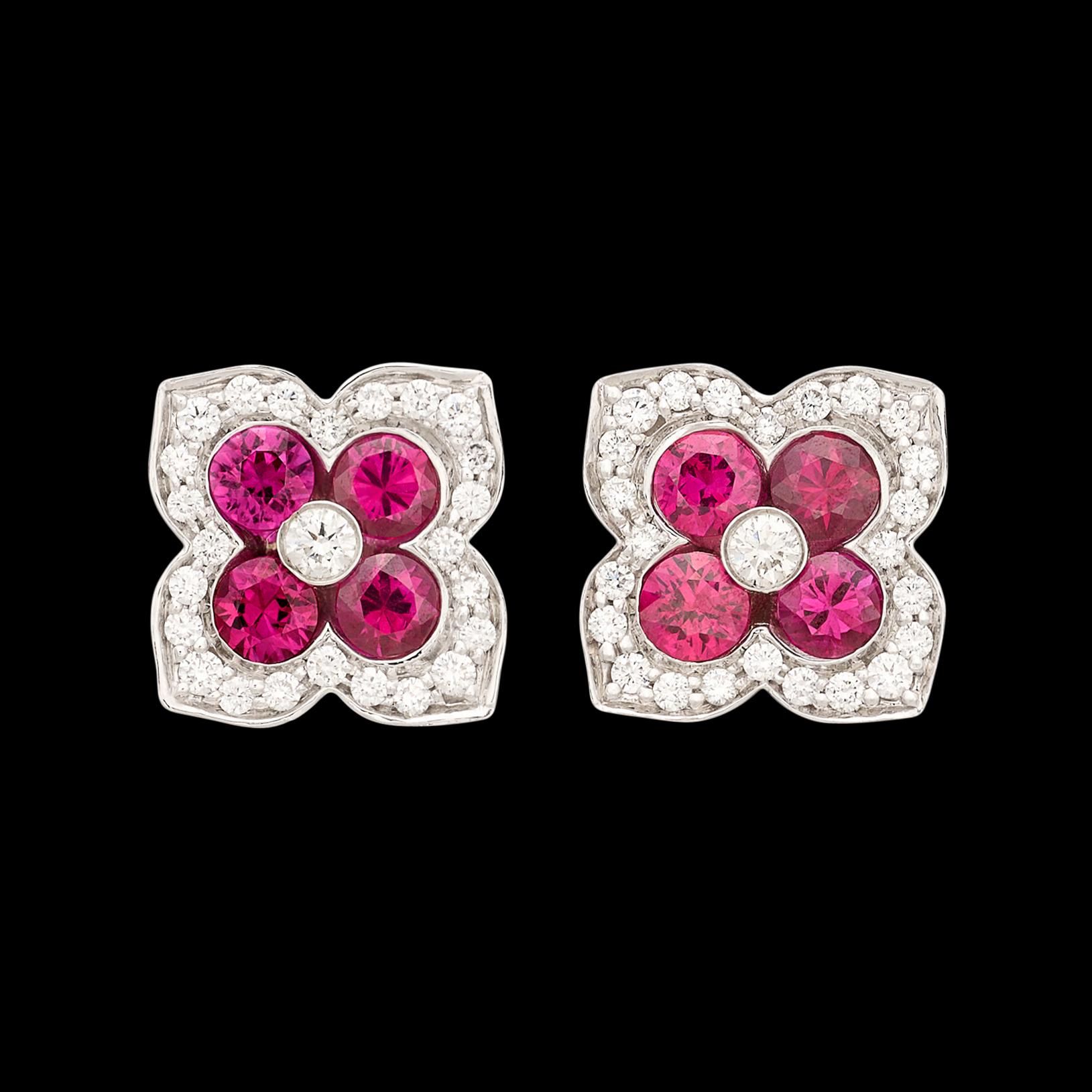 Round Cut 18kt White Gold Ruby & Diamond Earrings For Sale