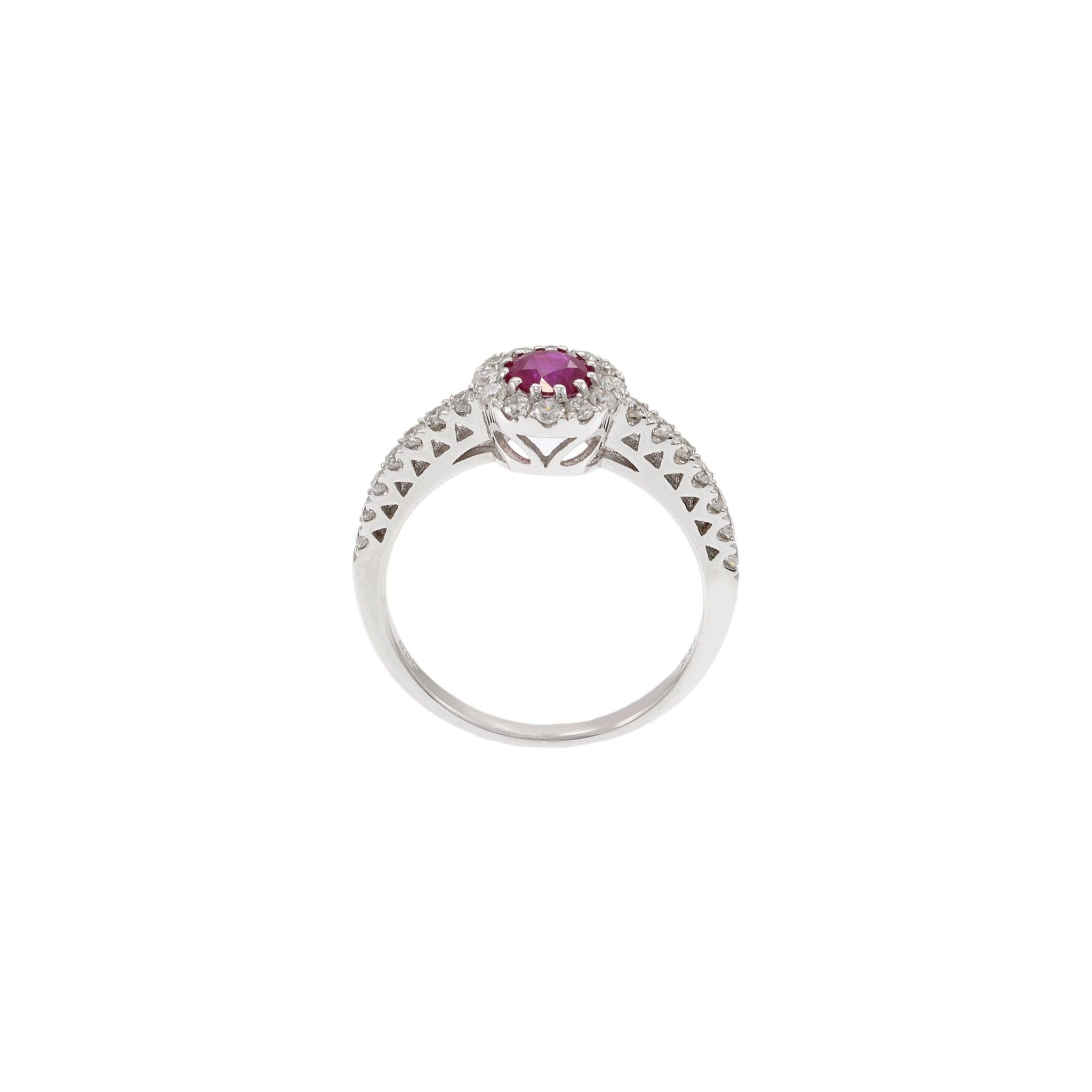 Round Cut 18KT White Gold Ruby Halo Diamond Ring For Sale