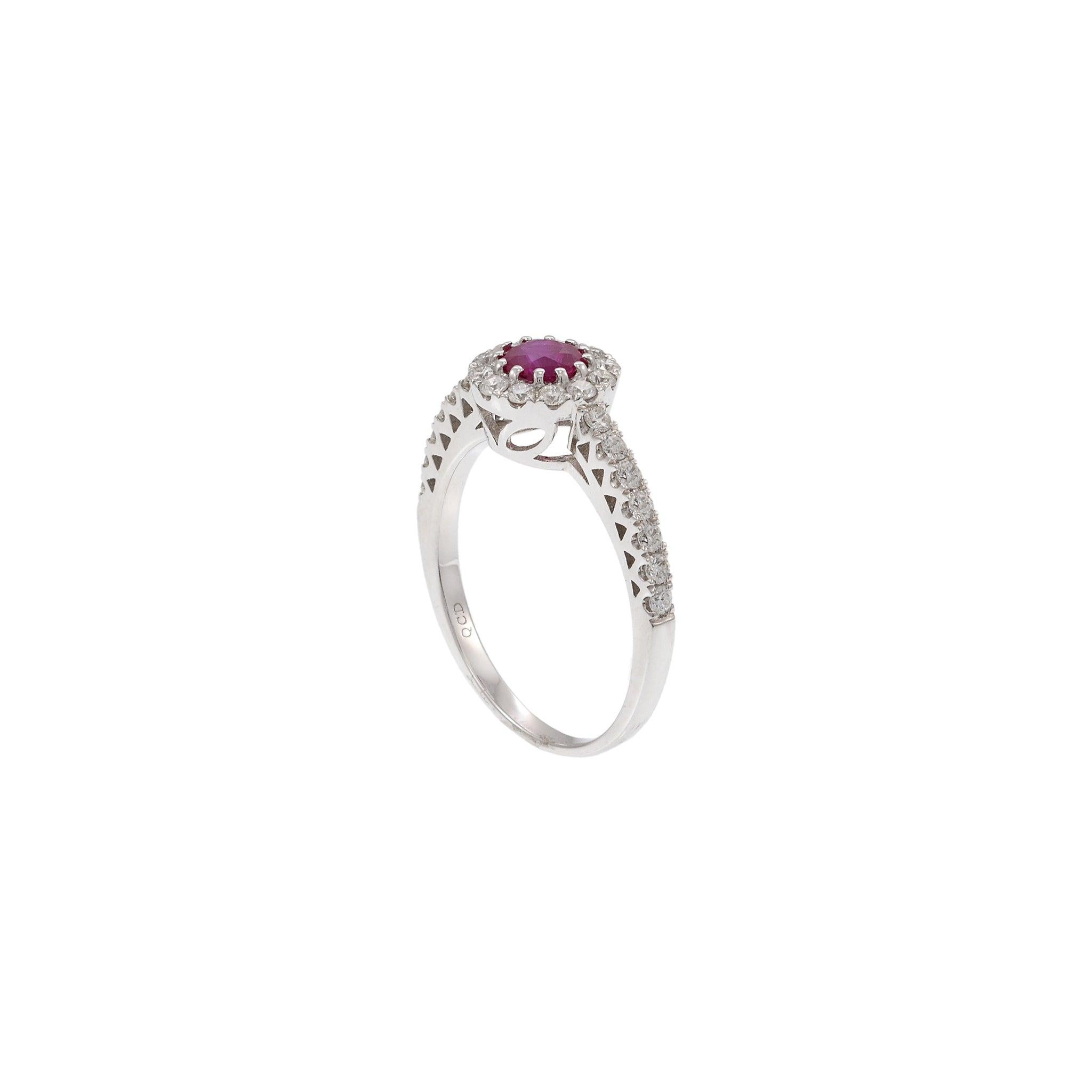 Women's 18KT White Gold Ruby Halo Diamond Ring For Sale