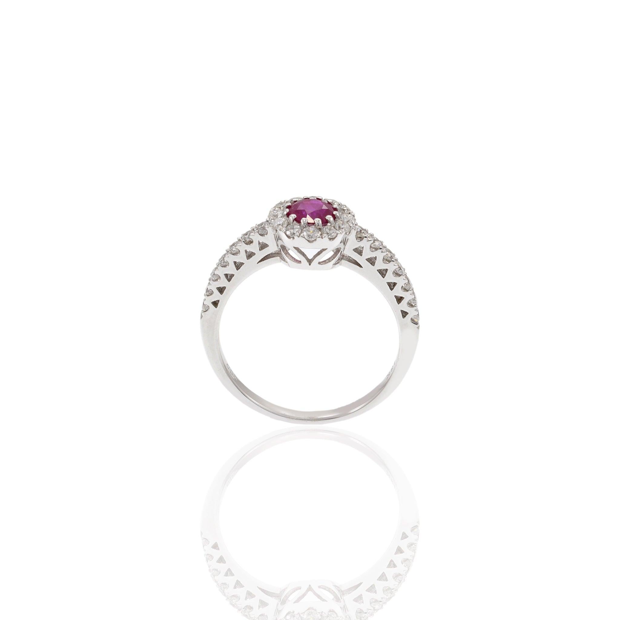 18KT White Gold Ruby Halo Diamond Ring For Sale 2